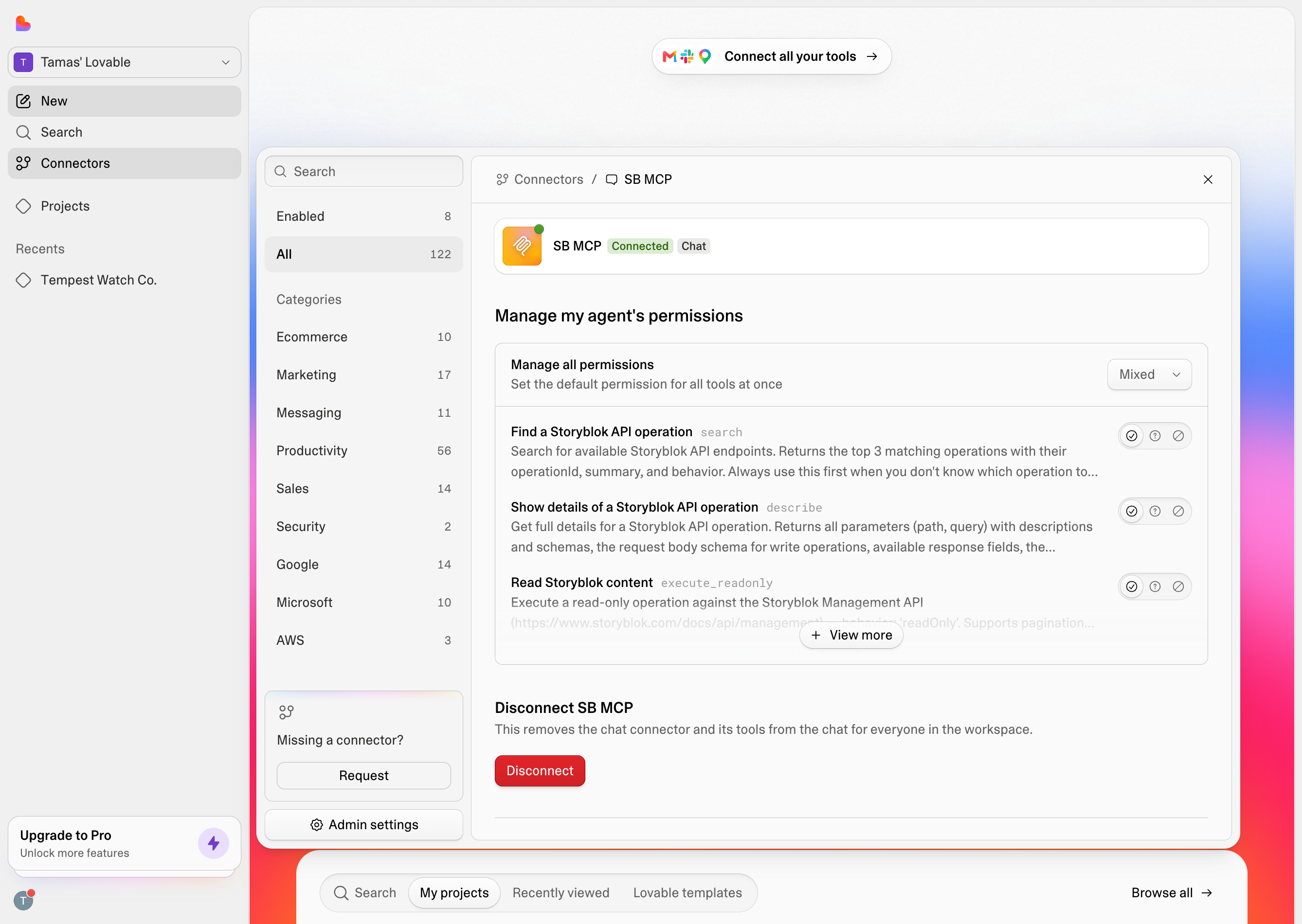 Lovable MCP tool permissions screenshot