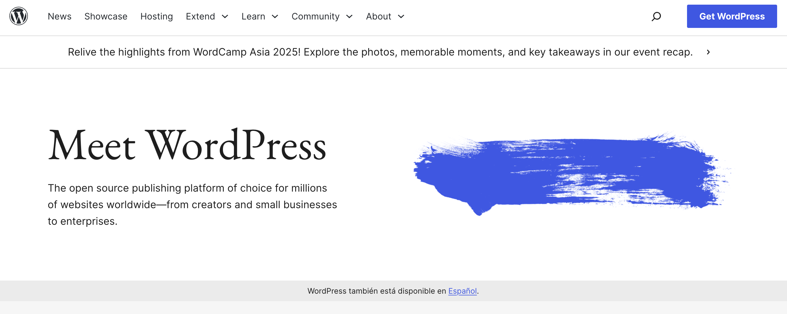 WordPress's homepage, with a few lines of text and a black banner at the bottom.