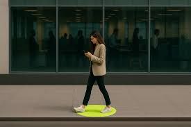 Woman walking on a sidewalk, looking at her phone, with a green circle on the ground, in front of a glass building.