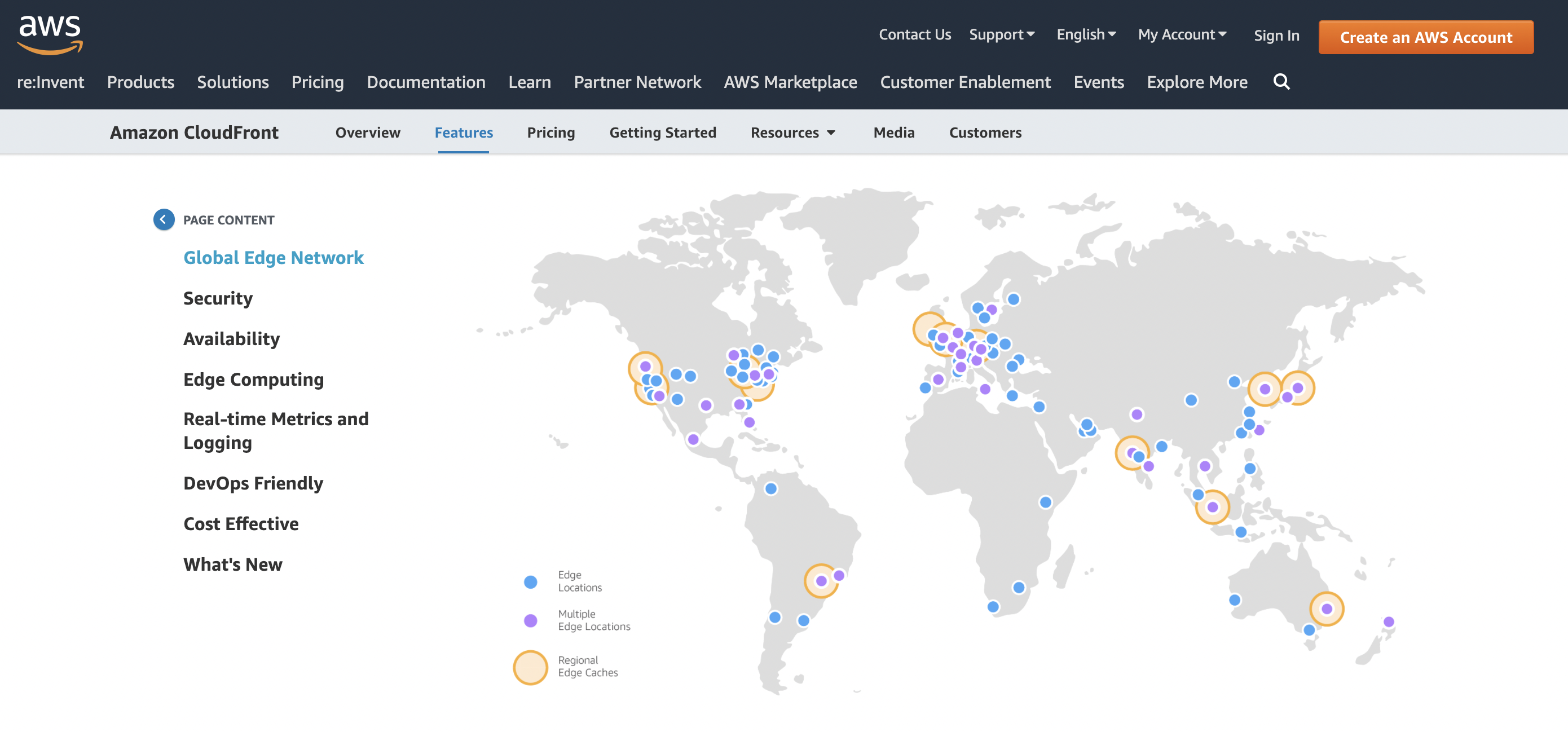 A screenshot of a map showing the Global CDN nodes offered by AWS and used by Storyblok
