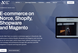 Nordic Web Team website homepage, promoting e-commerce solutions on Norce, Shopify, Shopware, and Magento with a focus on speed and cost-efficiency.