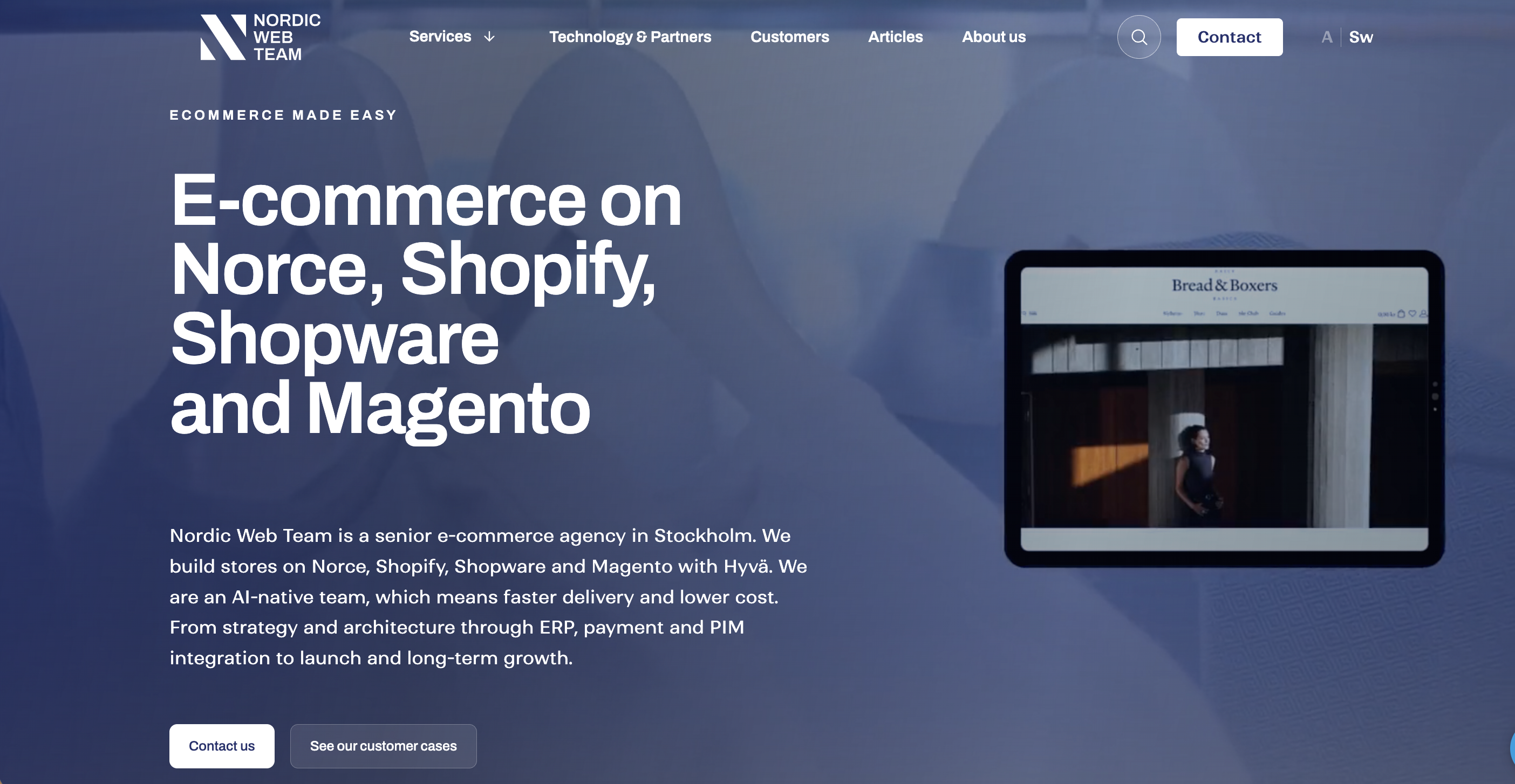 Nordic Web Team website homepage, promoting e-commerce solutions on Norce, Shopify, Shopware, and Magento with a focus on speed and cost-efficiency.