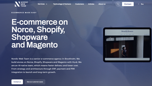 Nordic Web Team website homepage, promoting e-commerce solutions on Norce, Shopify, Shopware, and Magento with a focus on speed and cost-efficiency.