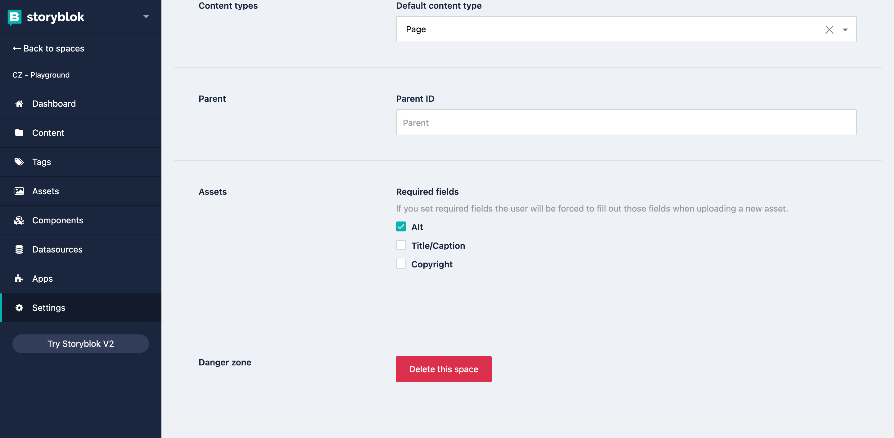 Required fields settings for the assets of a space