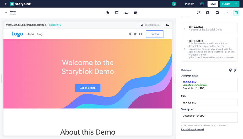the authors can edit the title {1}, description {2}, and see the Google preview snippet {3} in the visual editor.