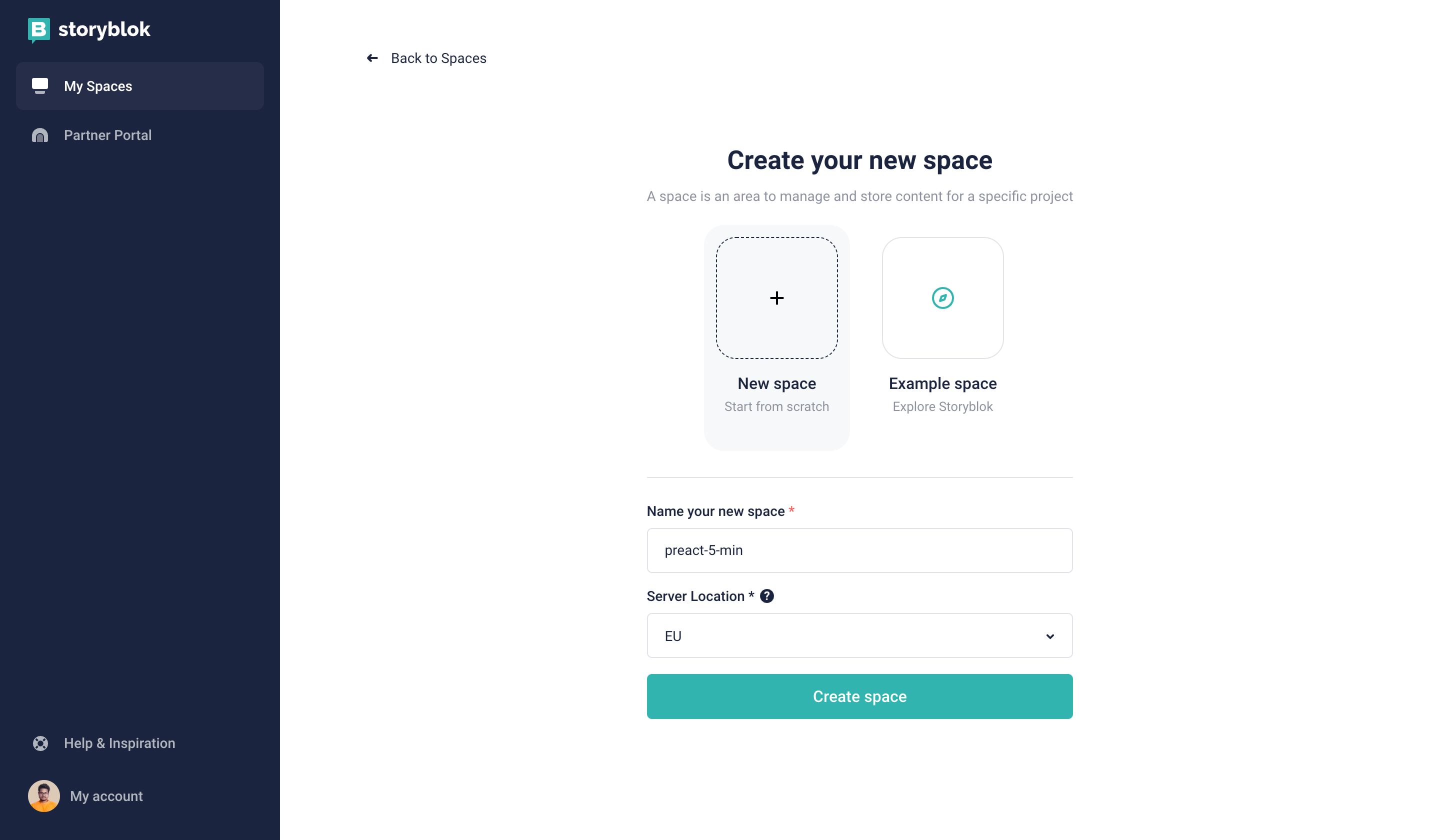 Creating a new space in Storyblok