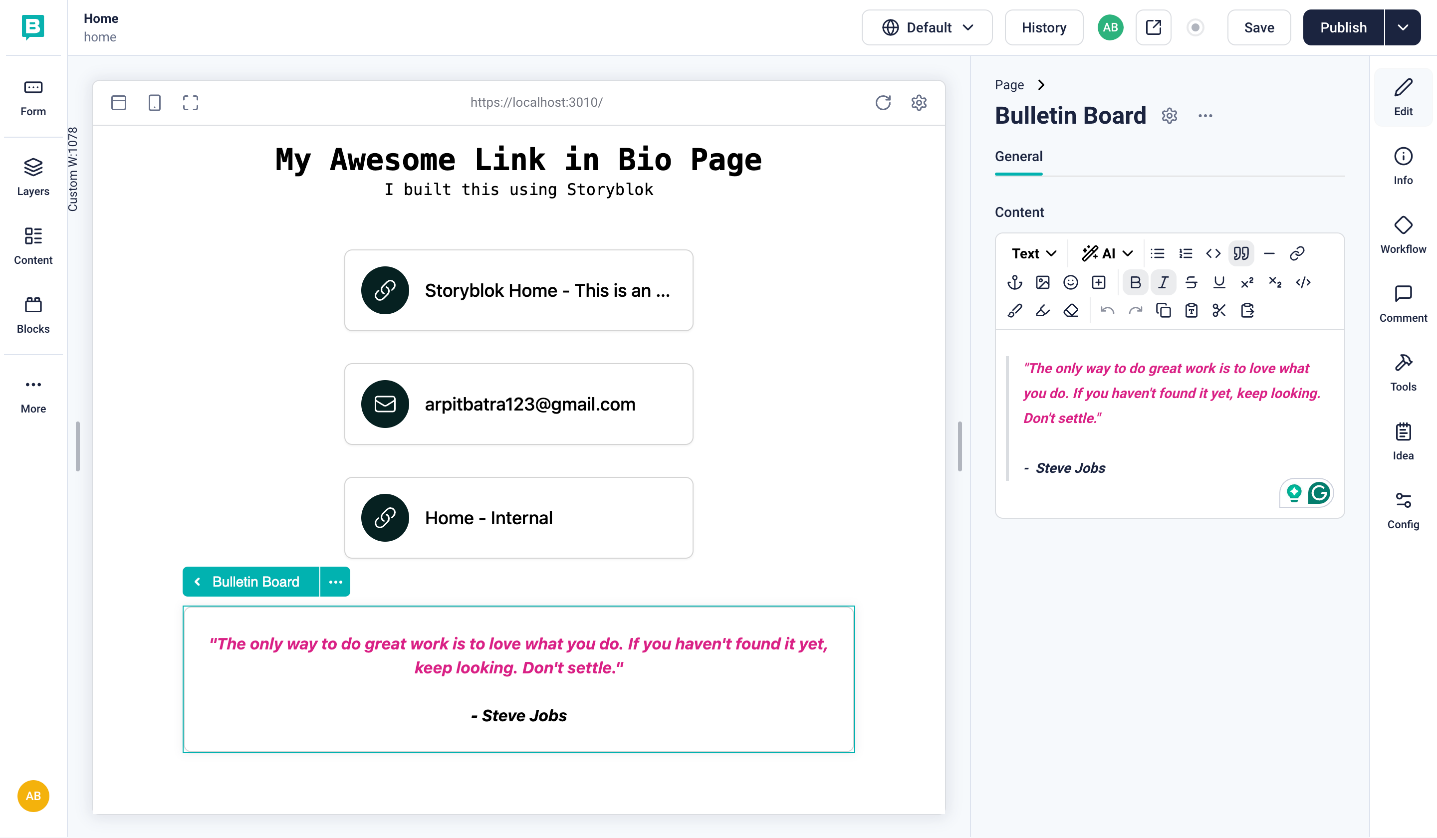 Bulletin Board component rendering with provided Richtext