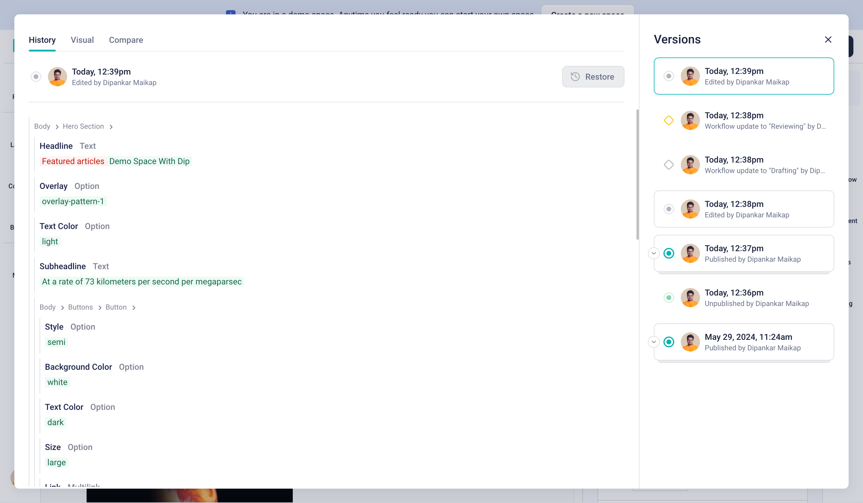 An image showing how you can access the old version histories.