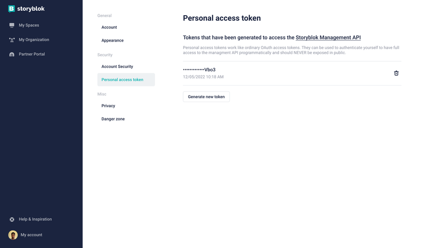Storyblok user profile and management API 