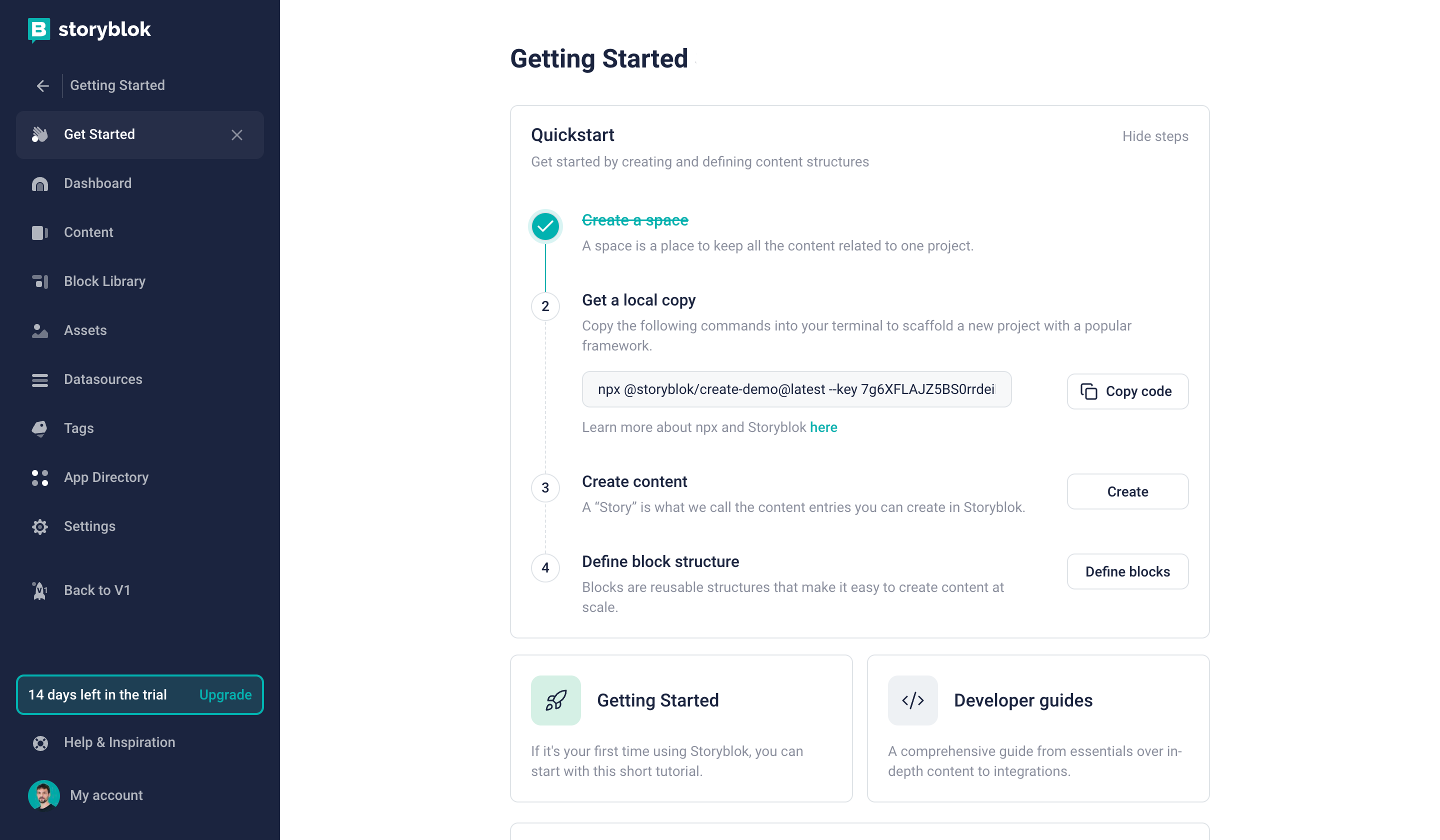 The Get Started section of a newly created Storyblok space