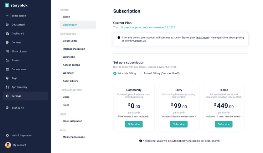 Subscription tab in a Storyblok space