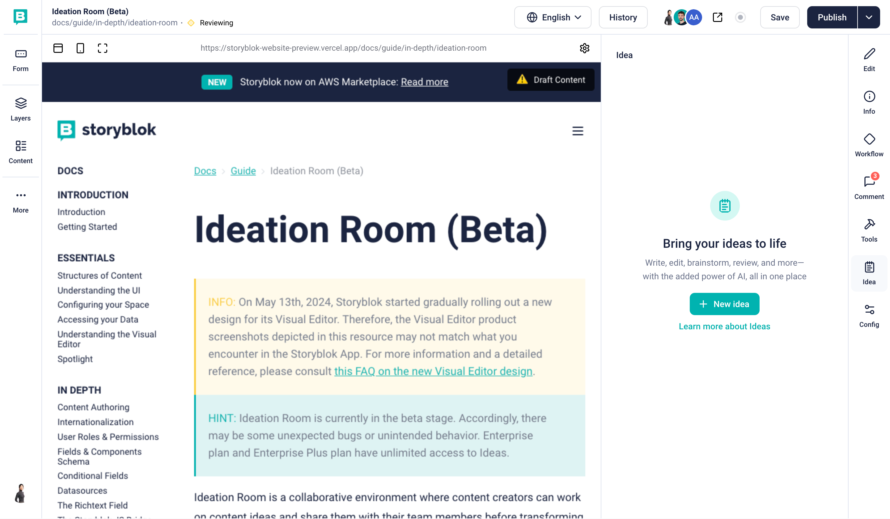The Idea Section in the Visual Editor