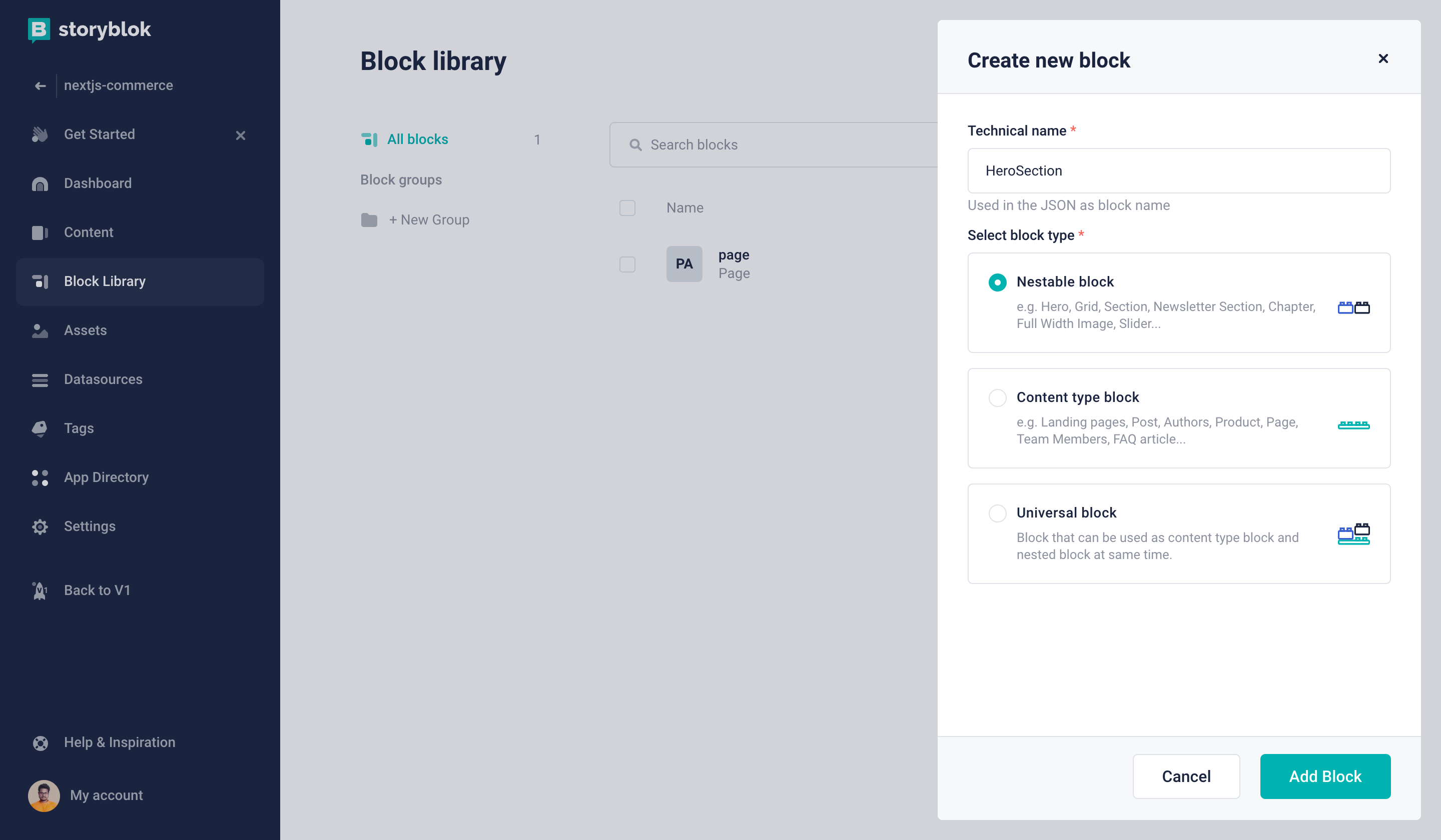Storyblok create new block