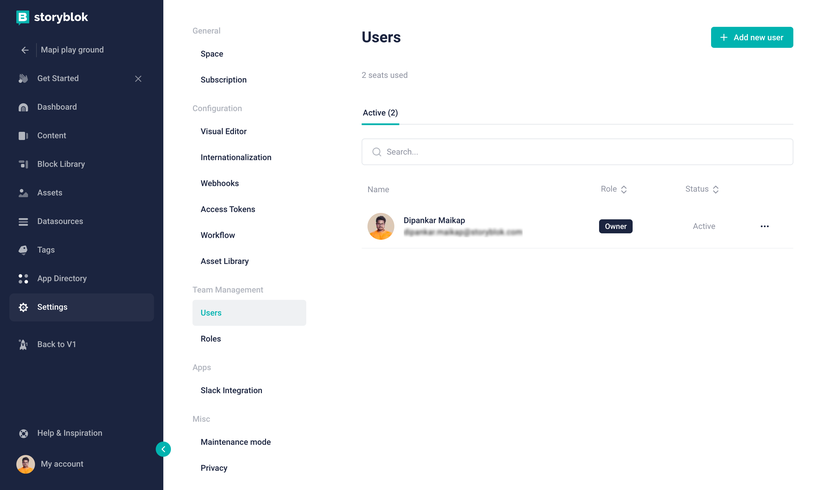 Storyblok user settings tab 