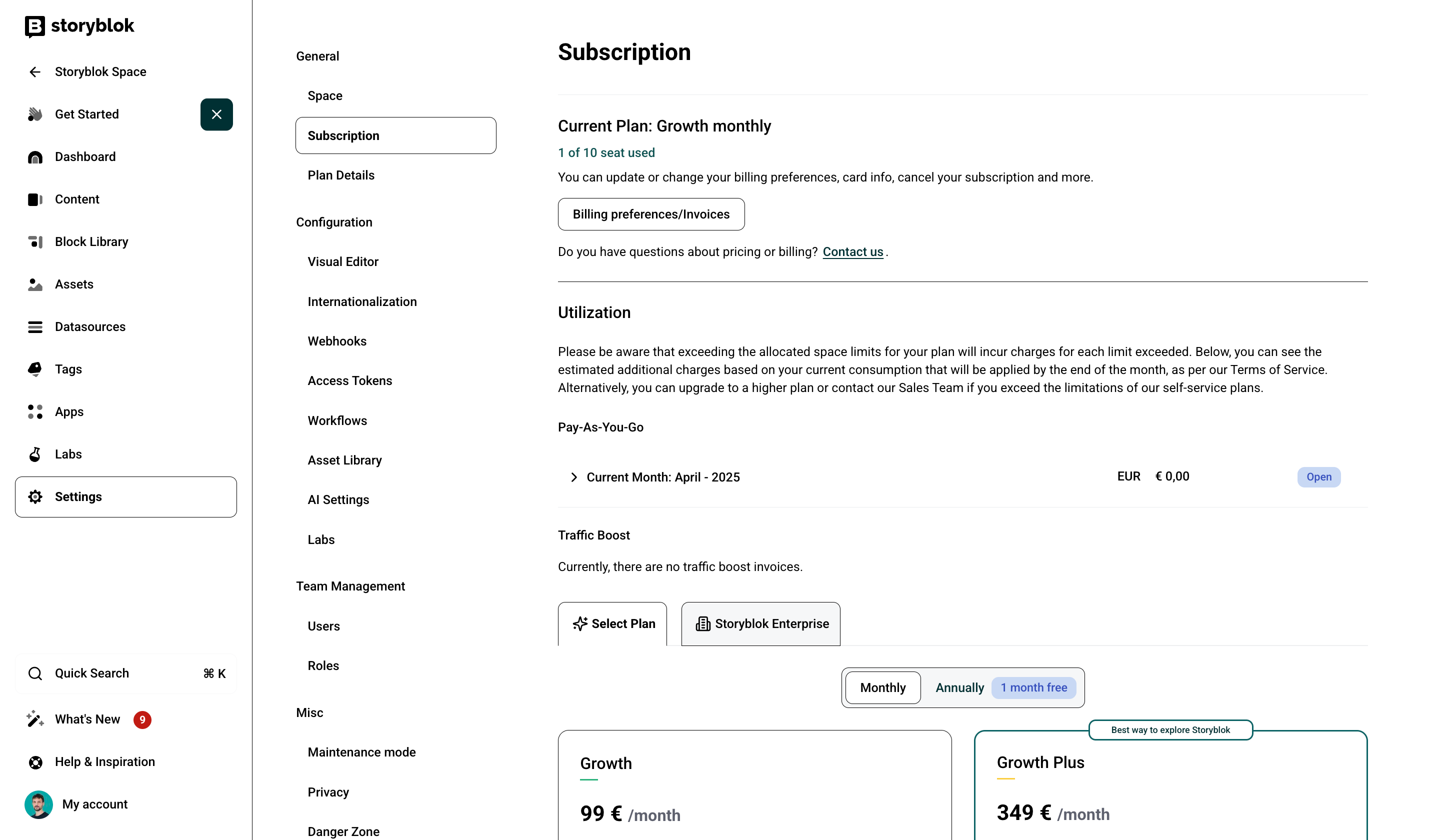 Storyblok subscription settings