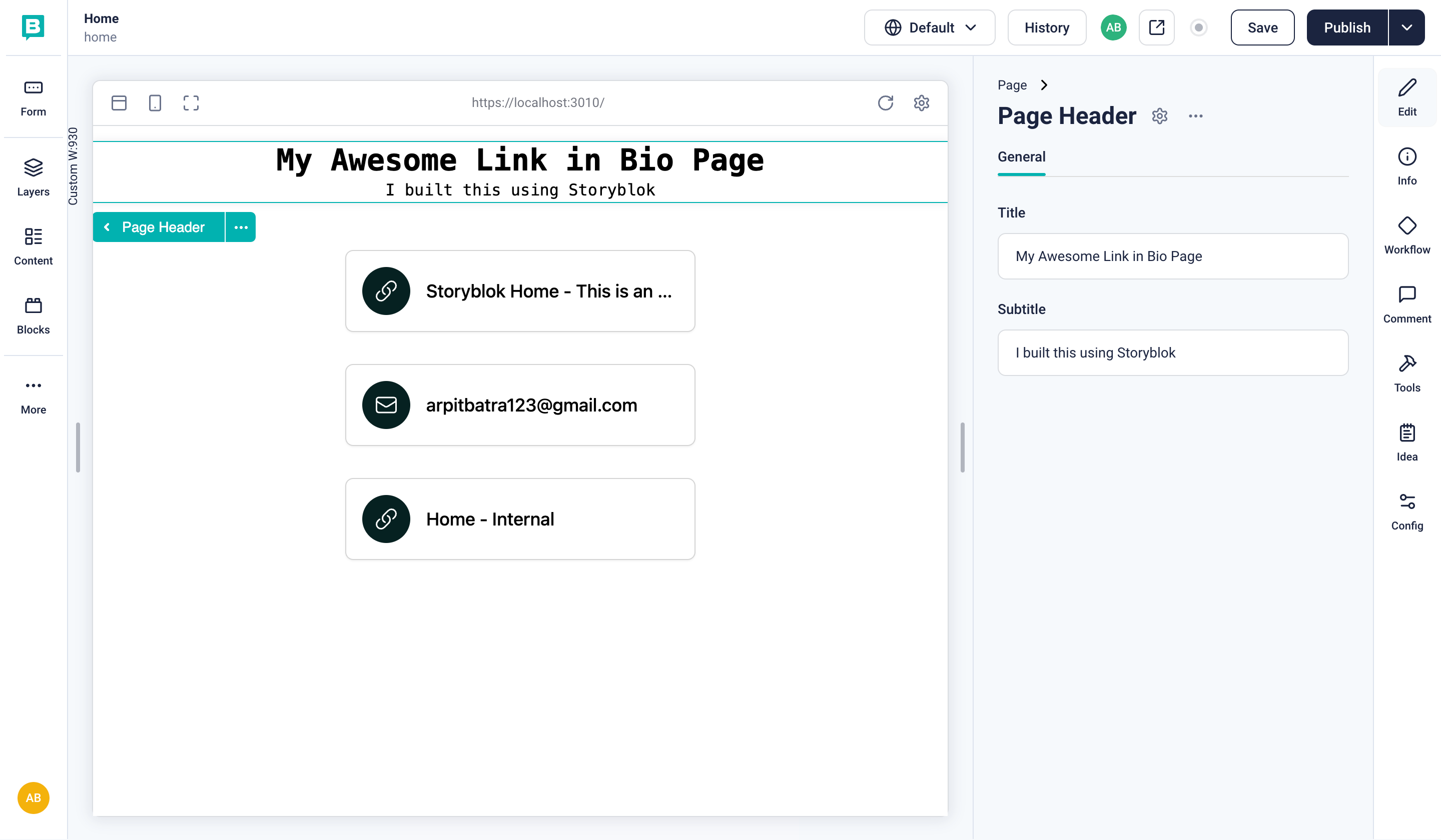The Header component rendering on the page