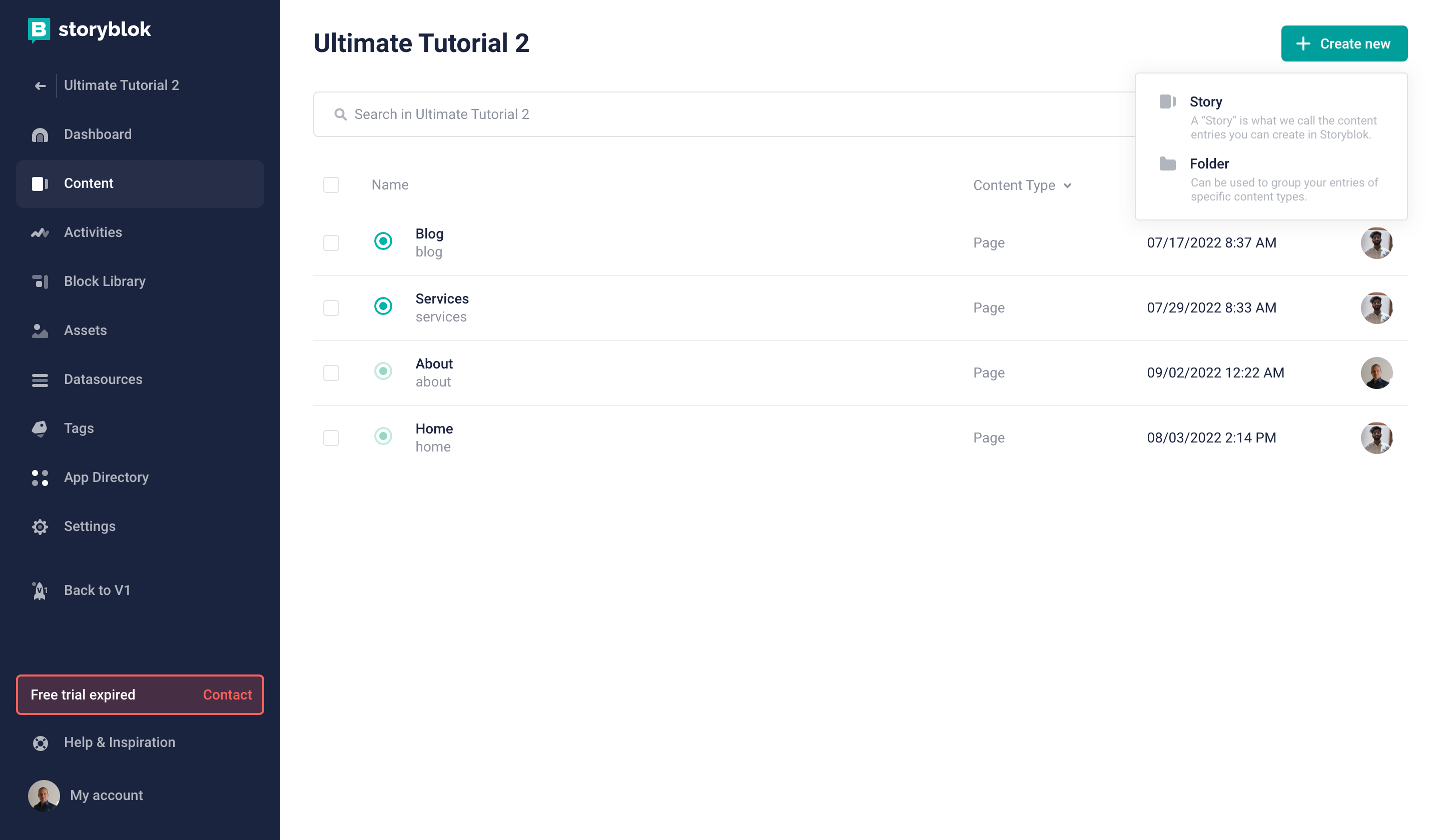How to create a new Story in Storyblok.
