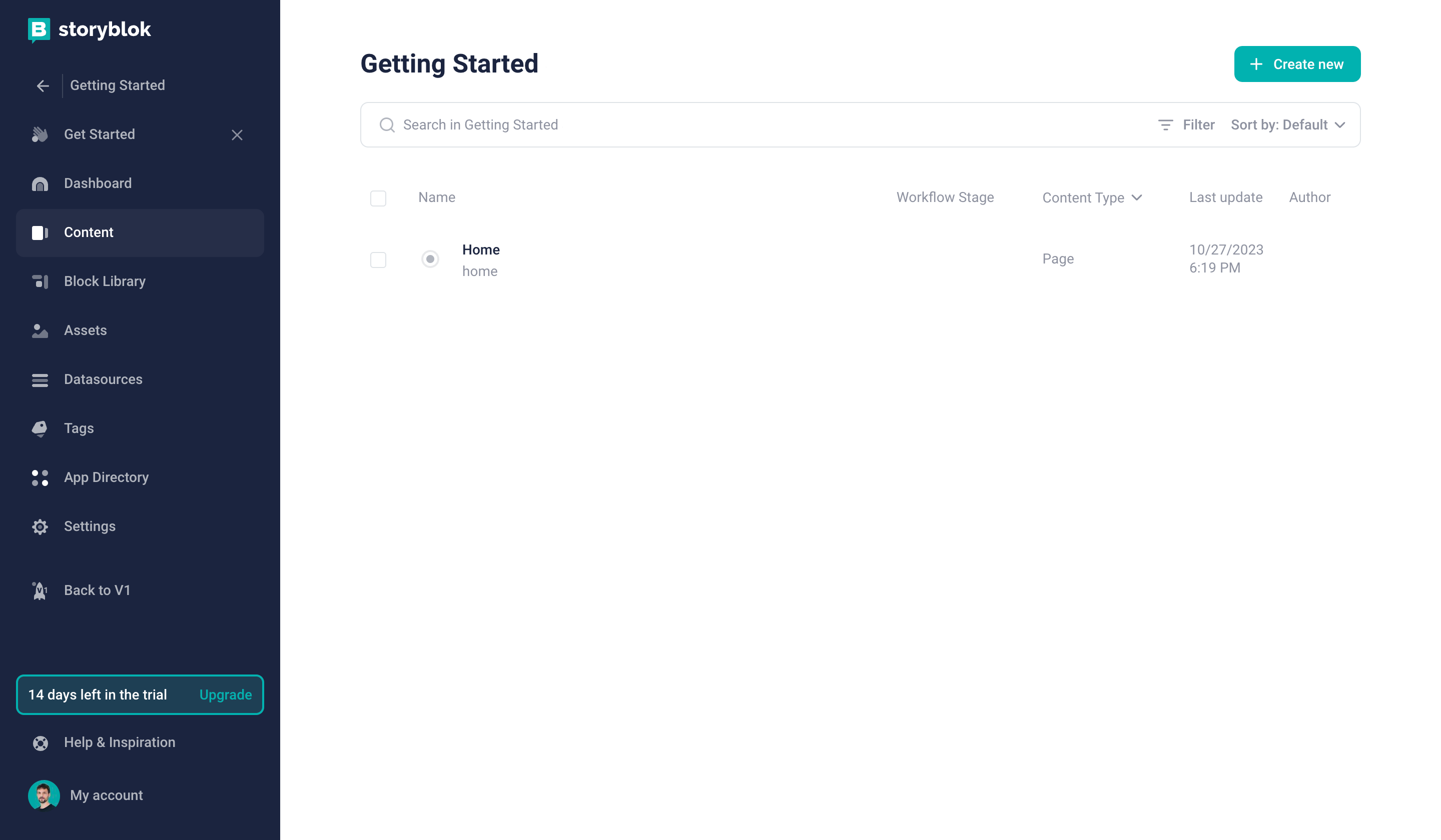 The content section of a Storyblok space