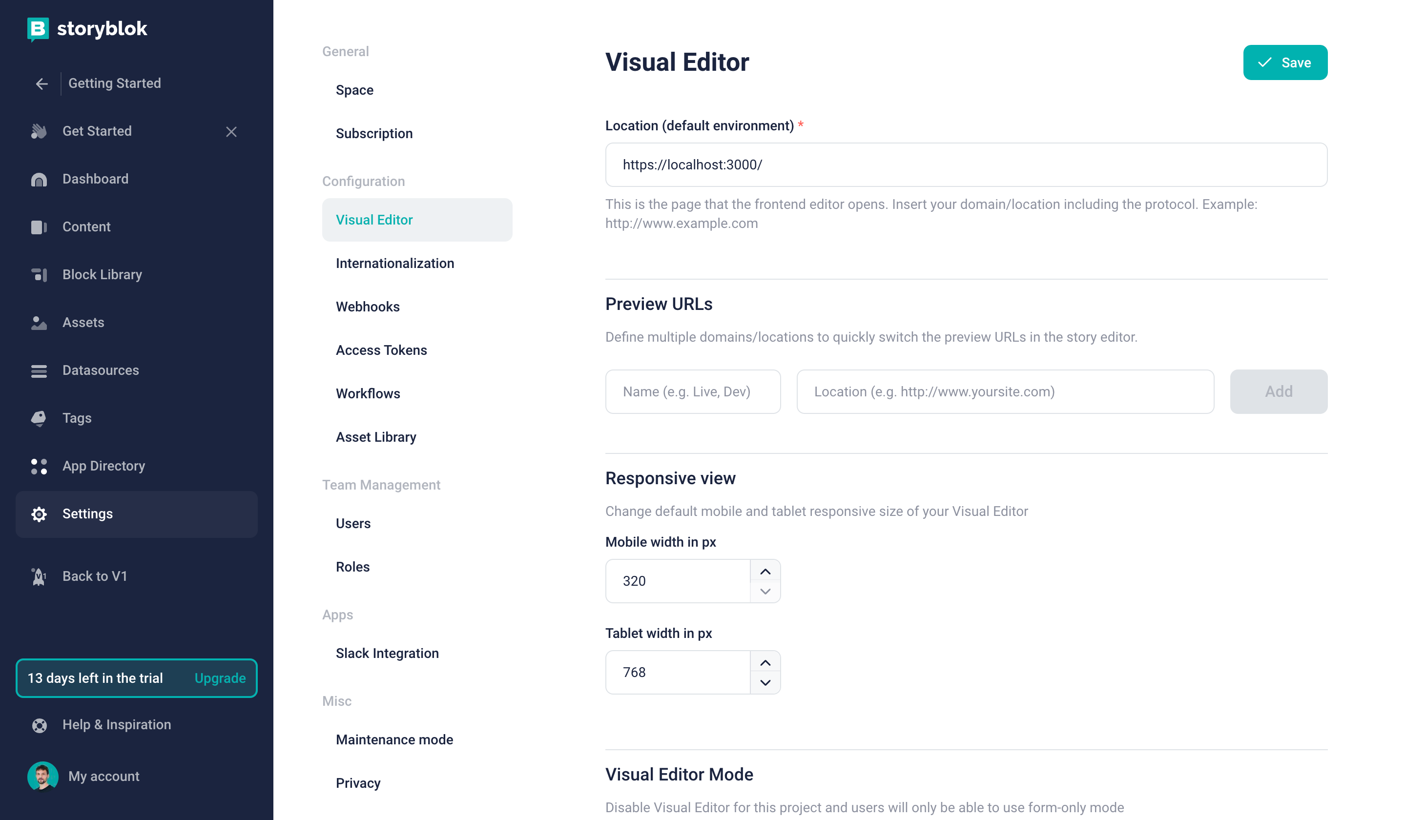 Setting the default environment for the Visual Editor preview