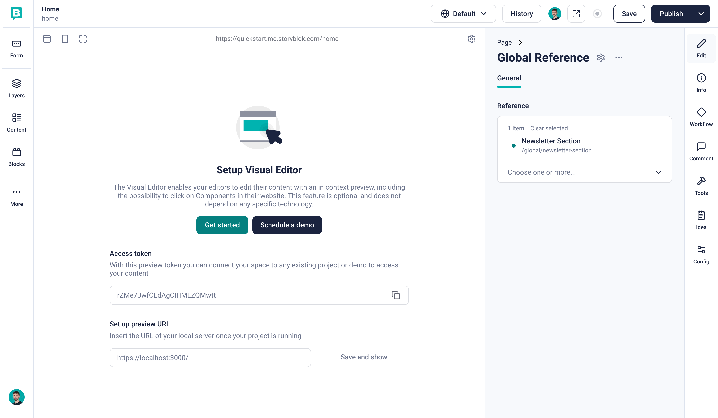 Using the global reference component and selecting the newsletter section