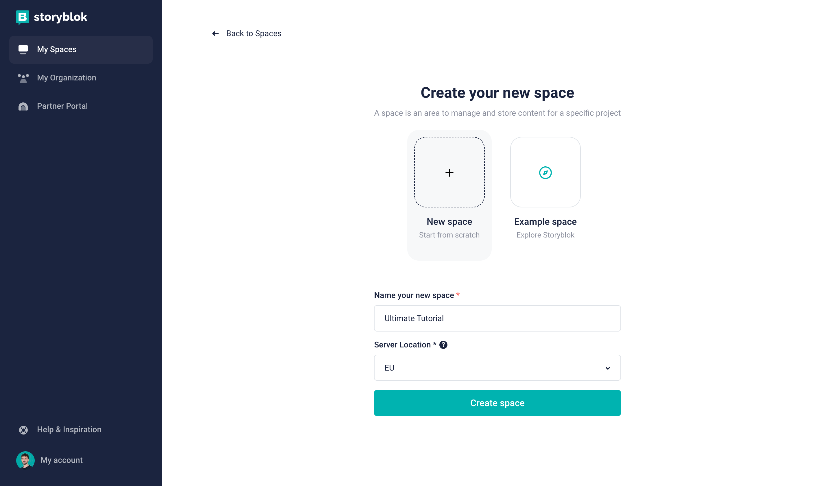 Creating a new space in Storyblok