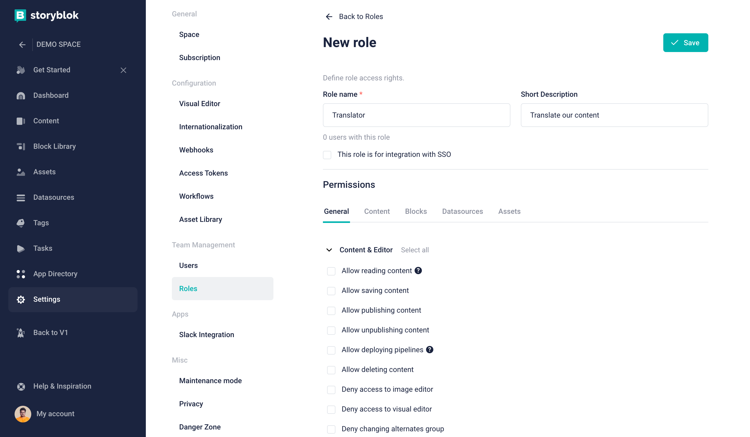 Define permissions of created role