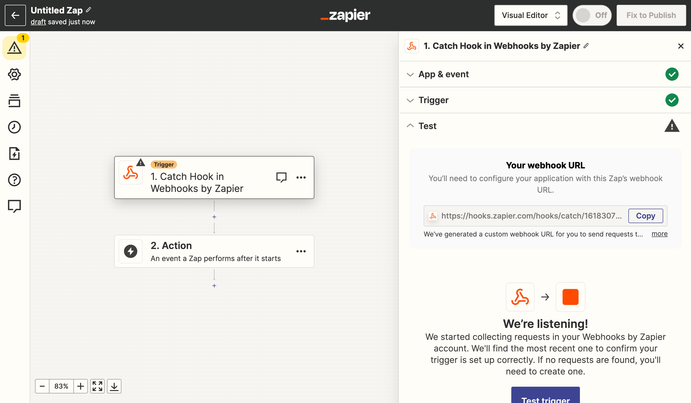 Retrieving the automation's webhook URL in Zapier