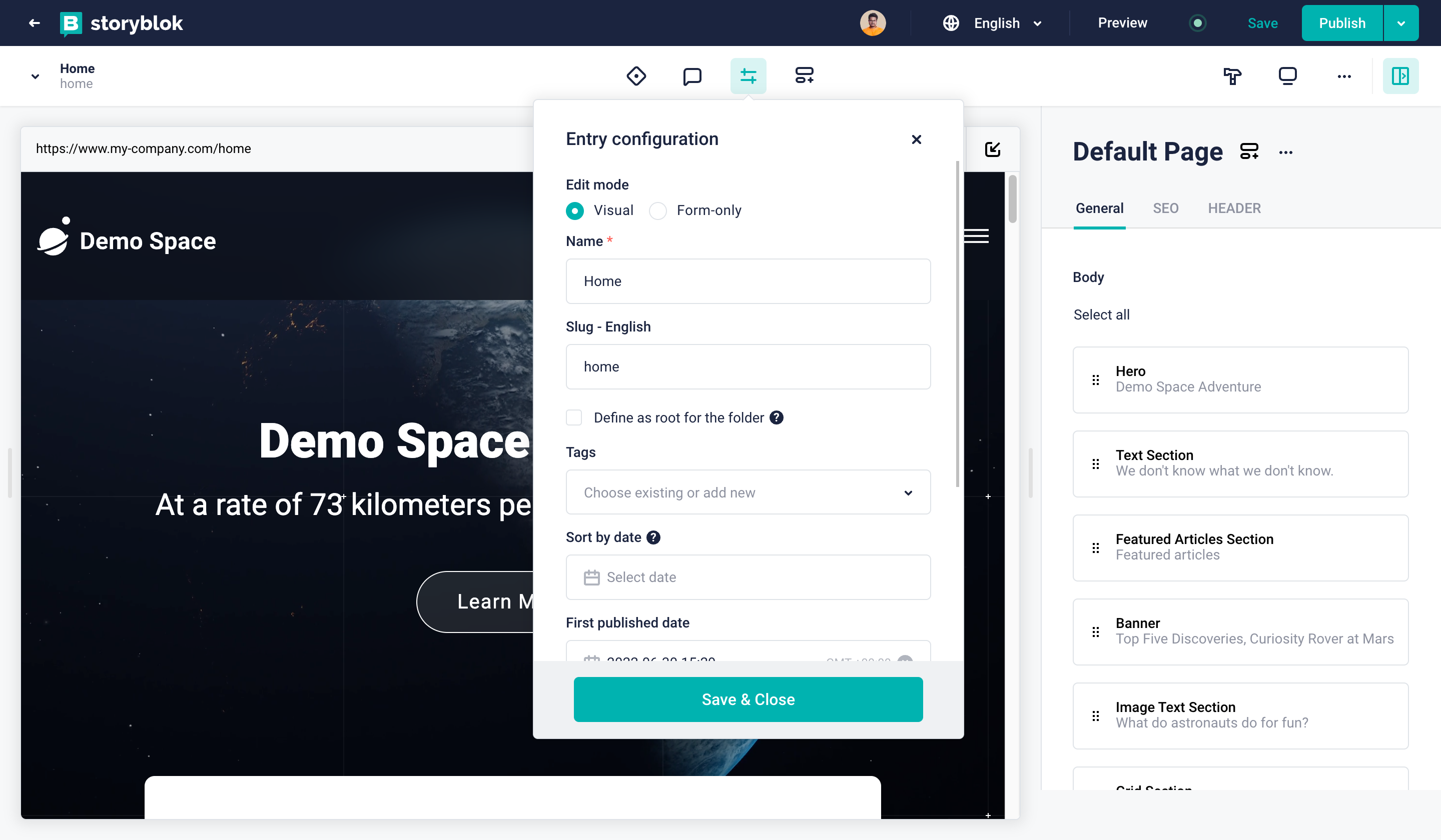 Storyblok story entry configuration