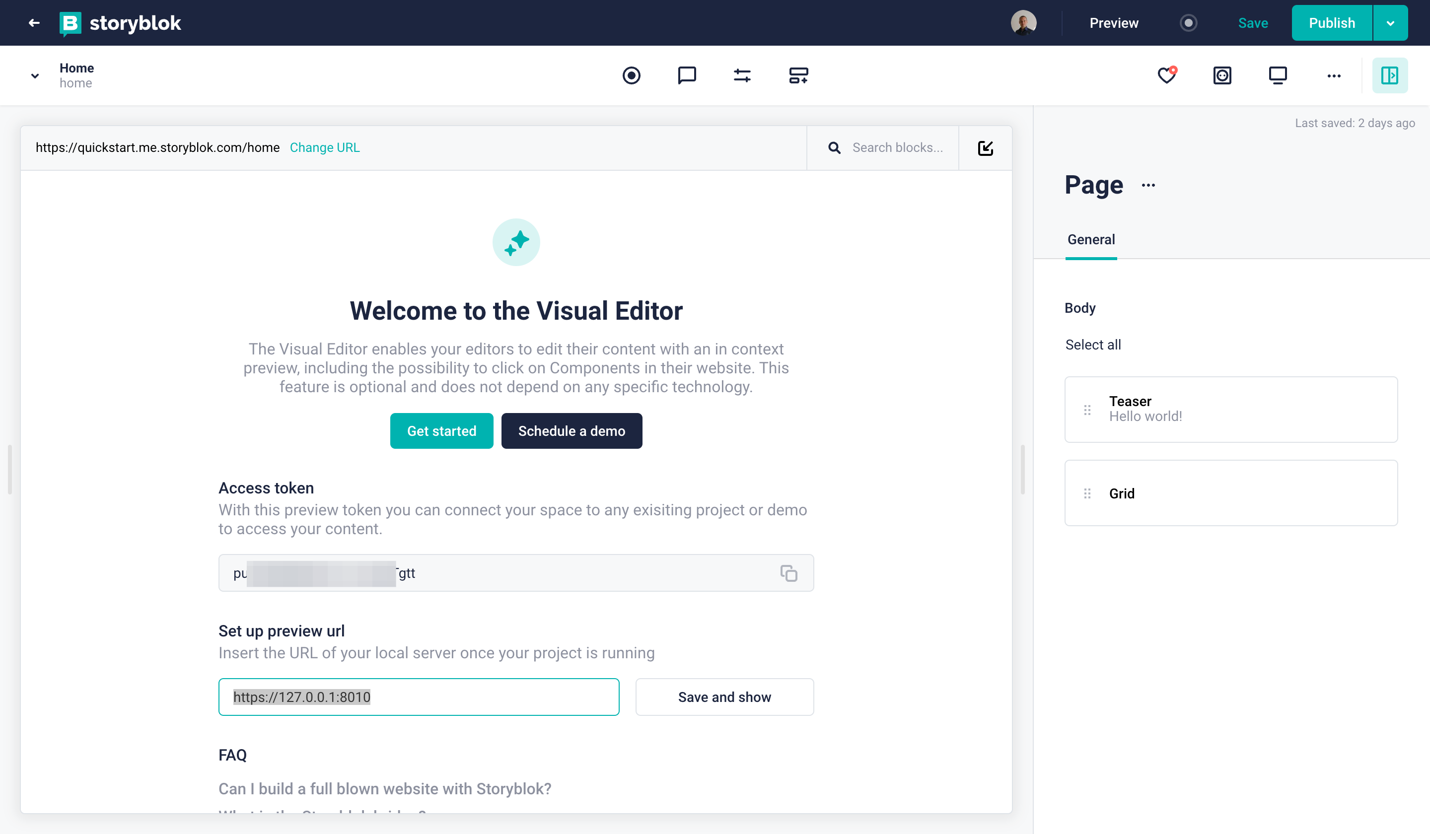 Visual Editor with the default home page