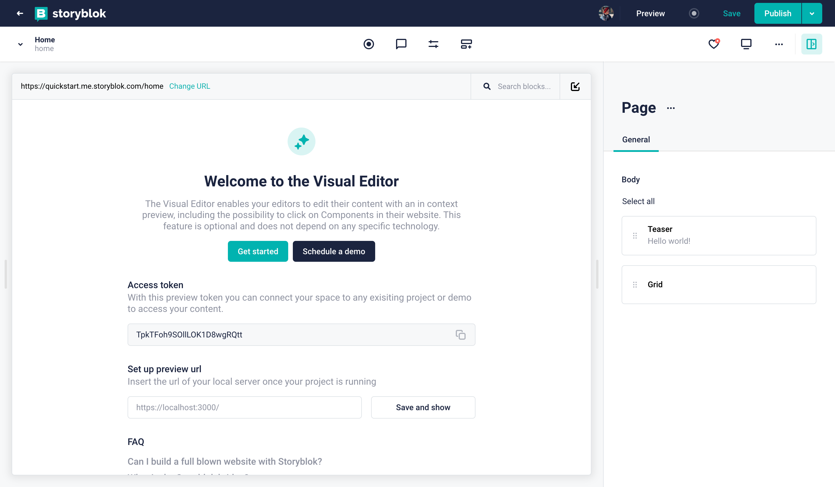 Welcome screen in the visual editor