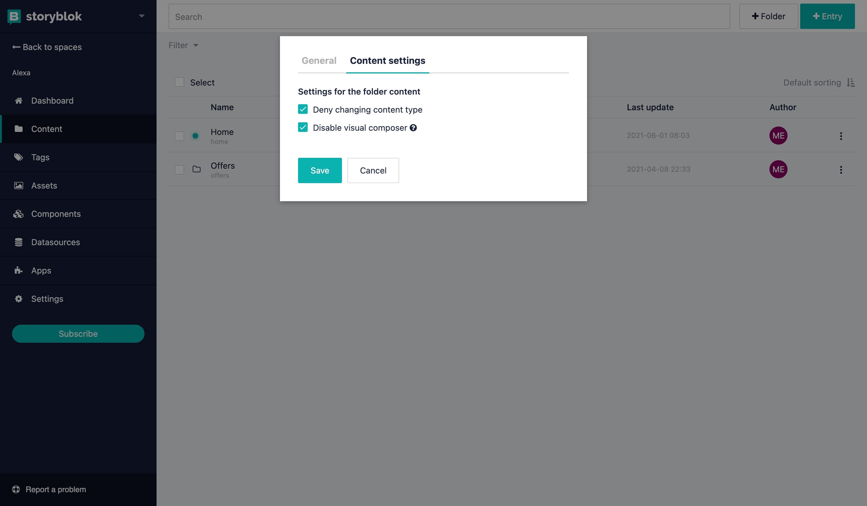 Folder settings in Storyblok