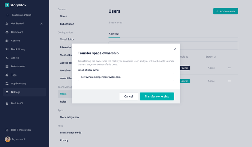 Transferring ownership in Storyblok