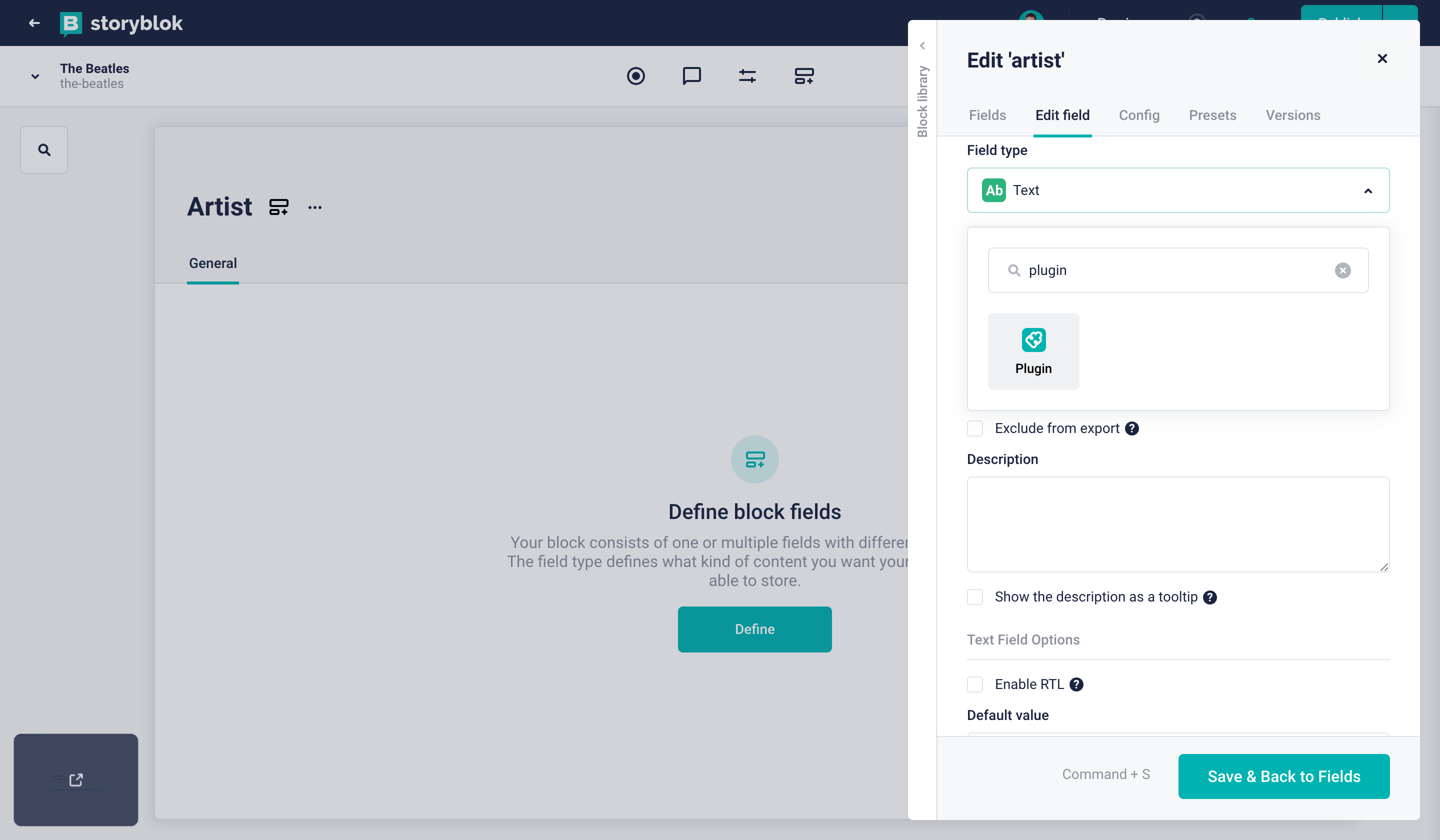 Selecting Plugin as the field type
