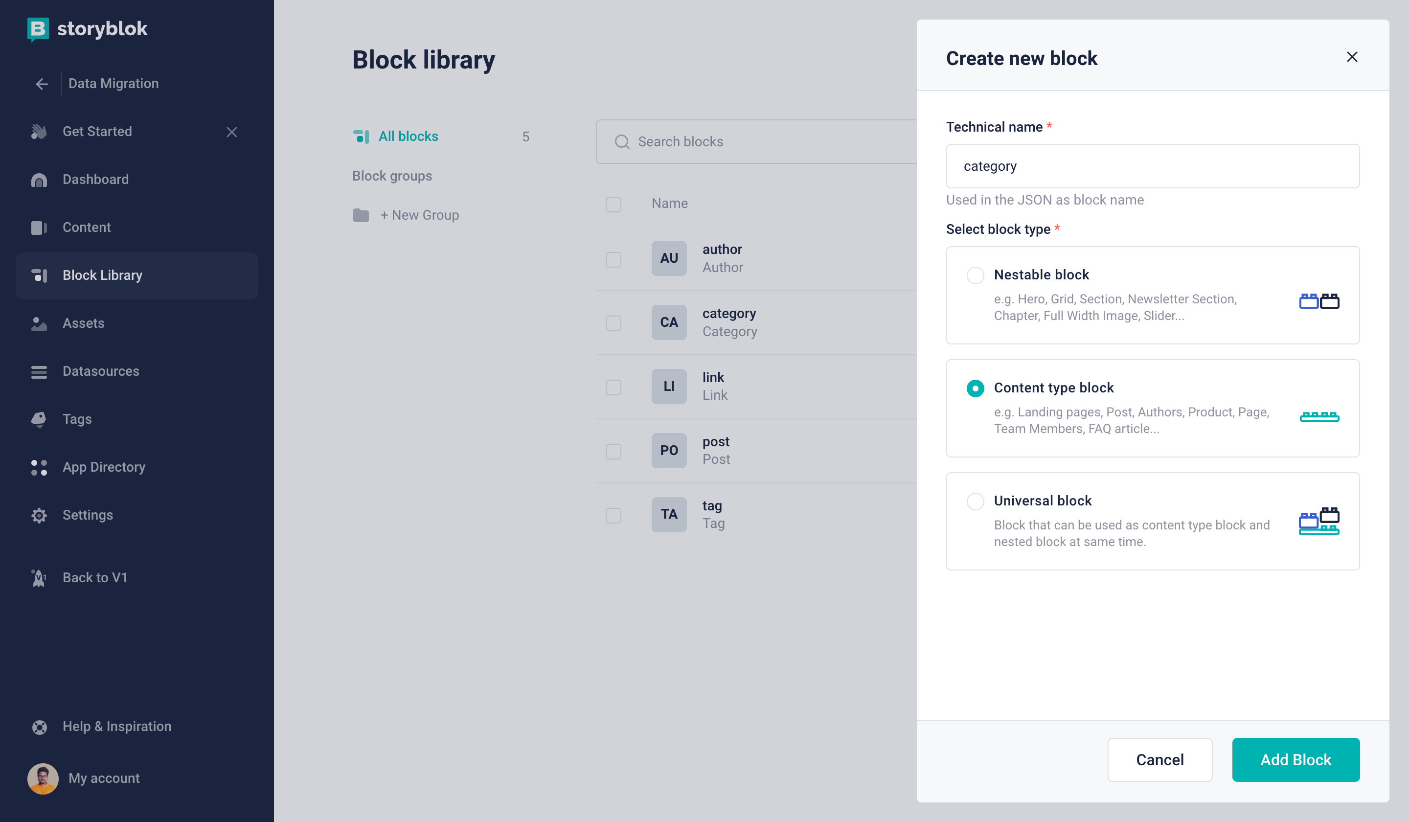 Creating a new content type block in Storyblok