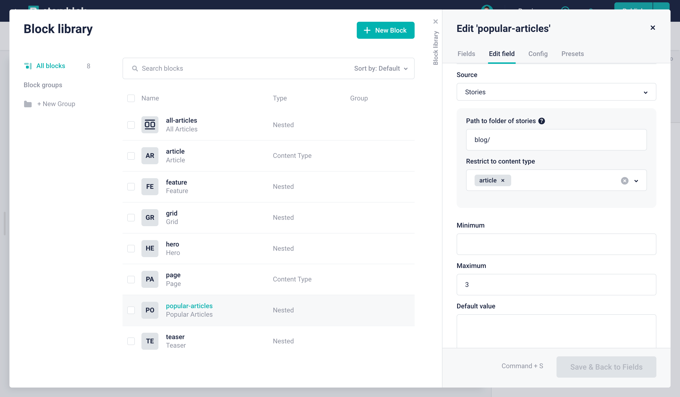 Configuring the popular articles block in the Block Library