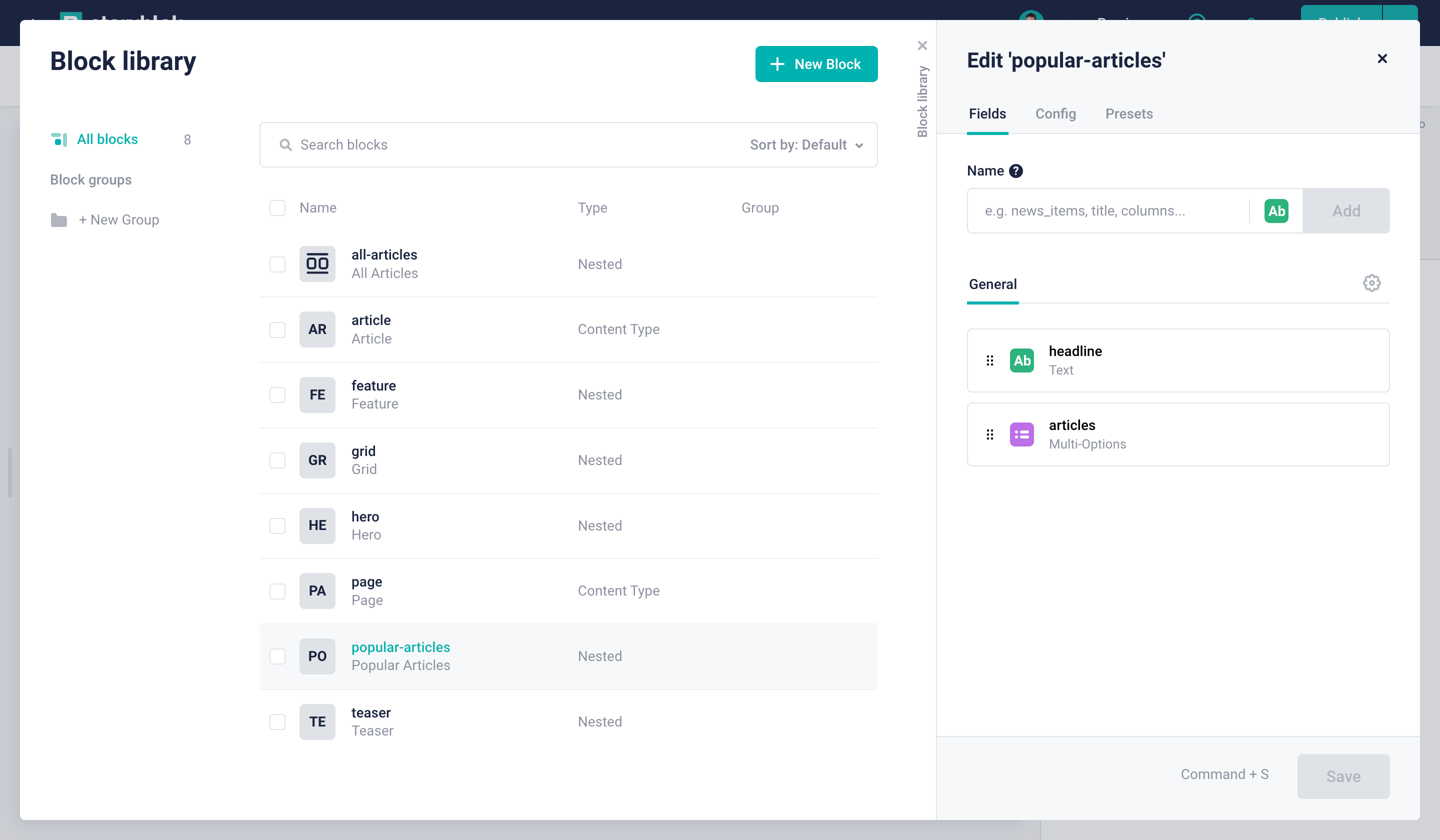 Creating a new popular articles block in the Block Library