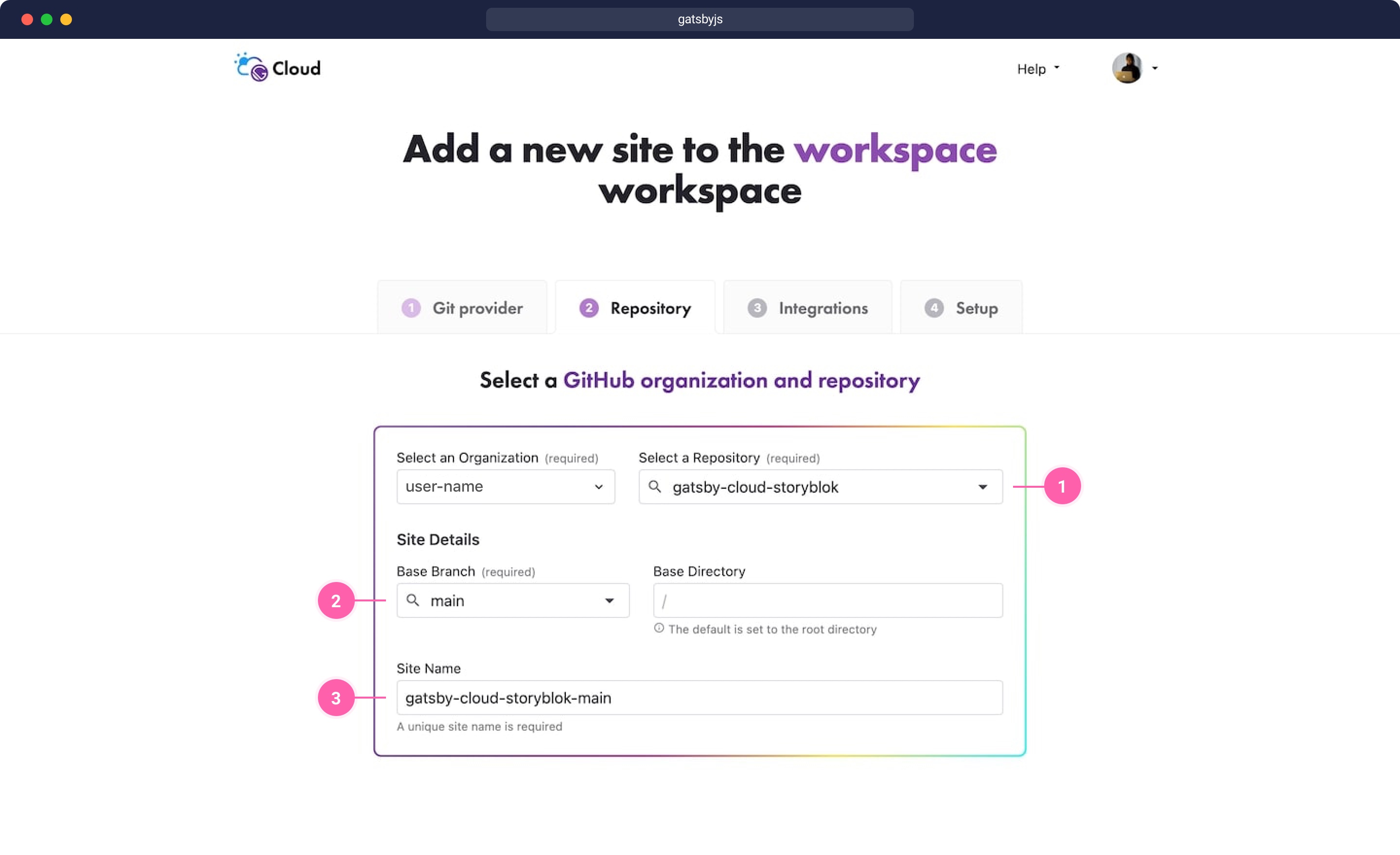 Select a GitHub organisation and repository