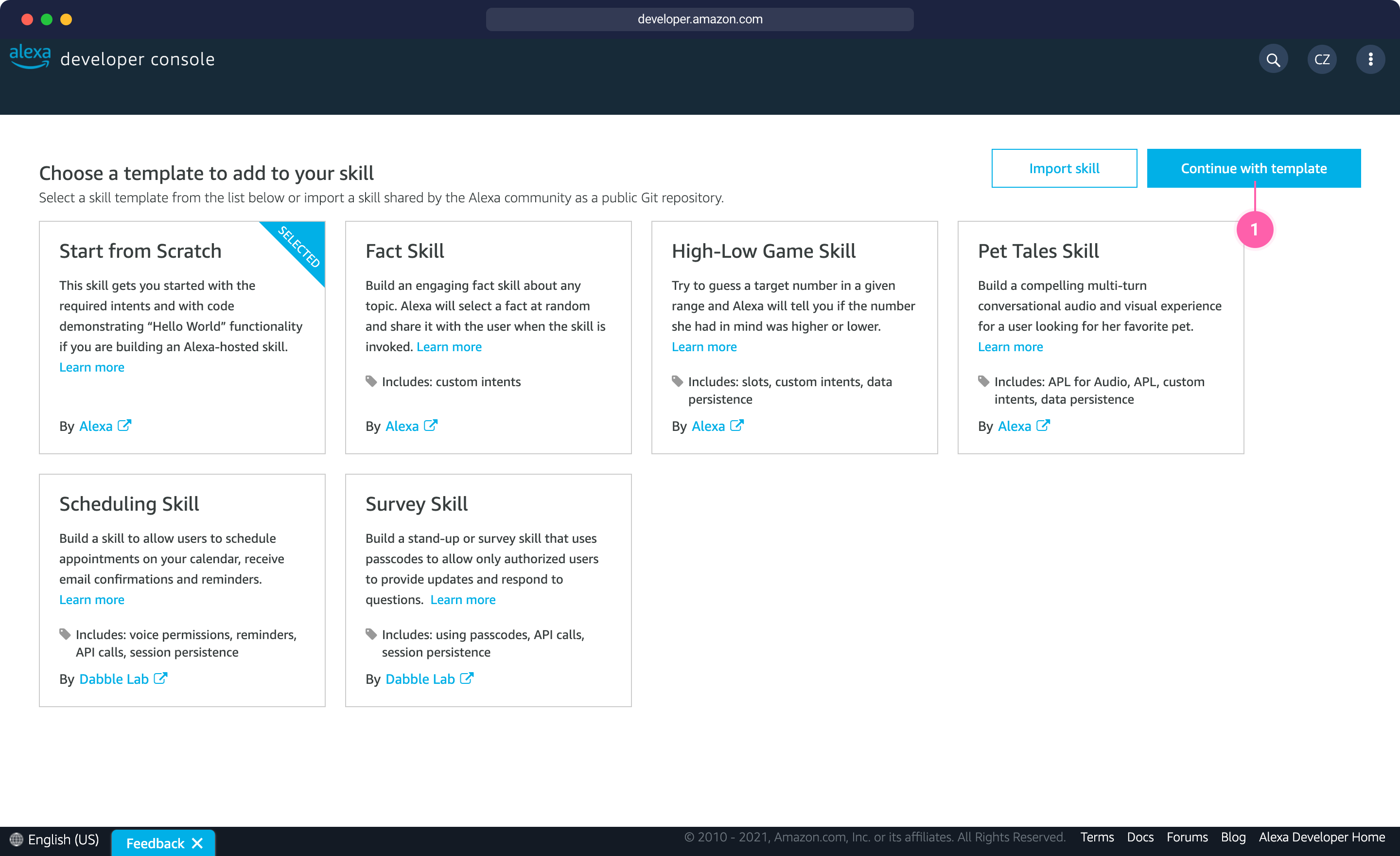 Alexa Skill Template Selection