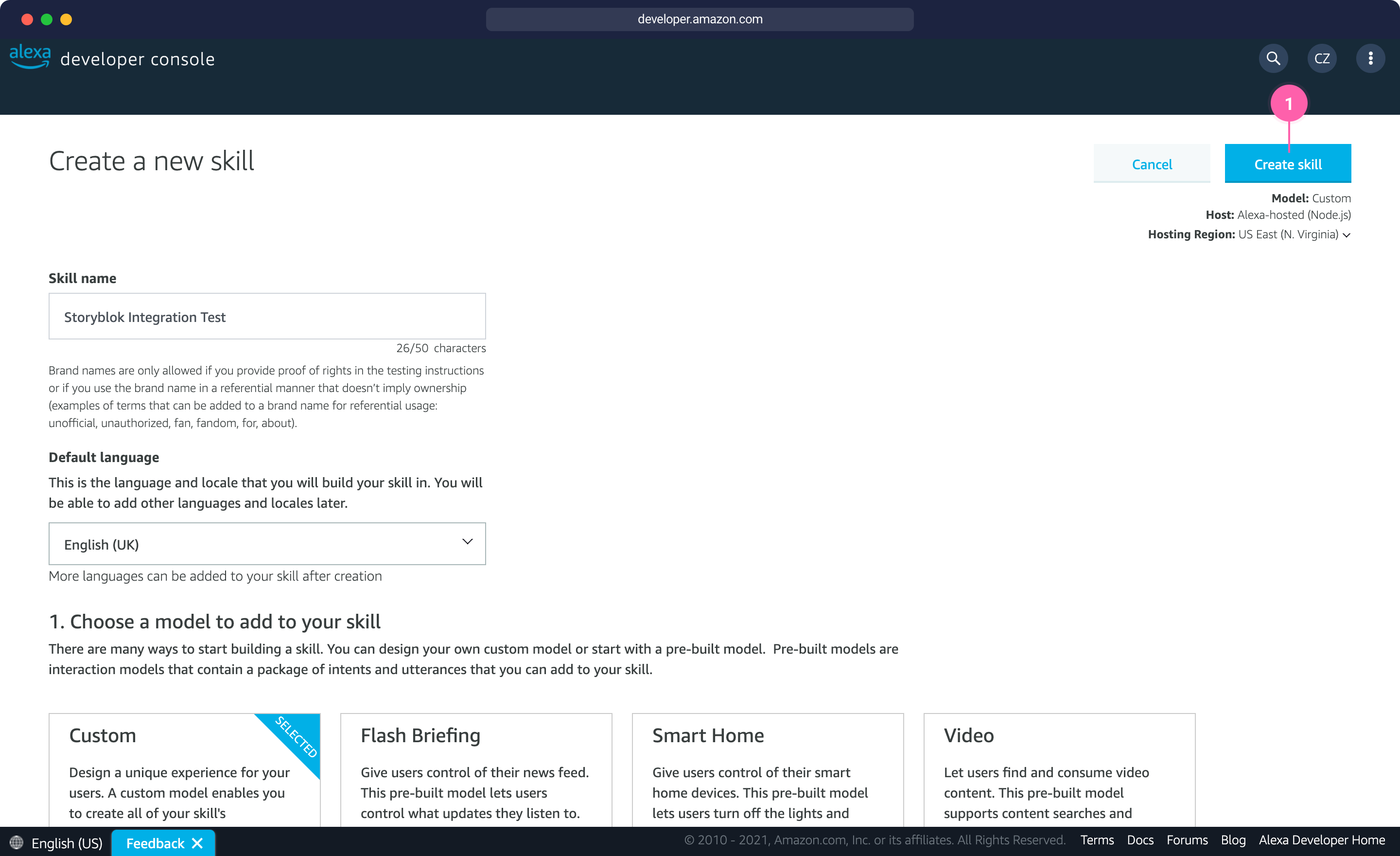 Alexa skill creation interface