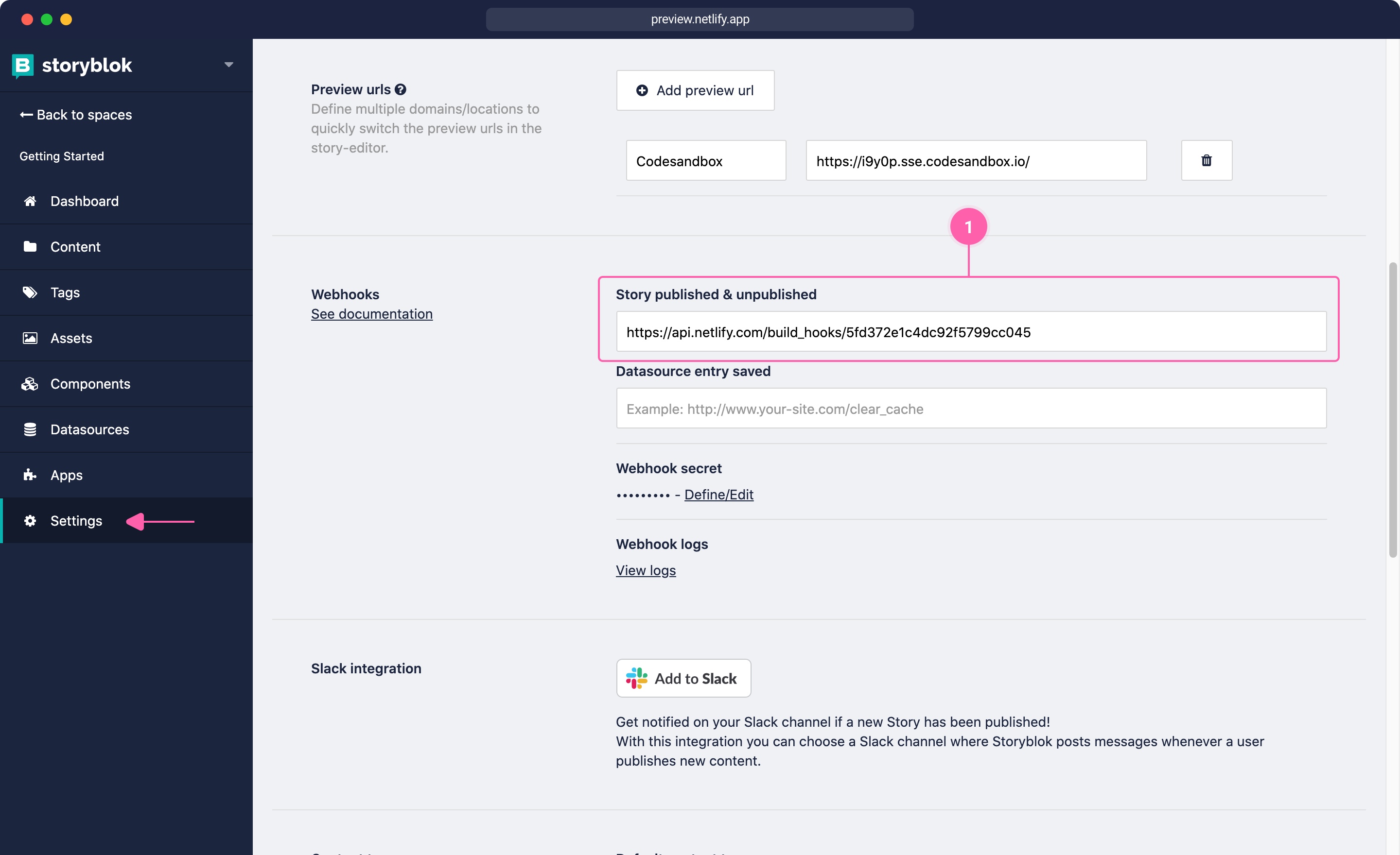 Set webhook in Storyblok