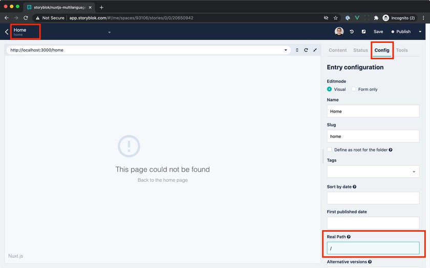 Setup of Real Path in Home story.