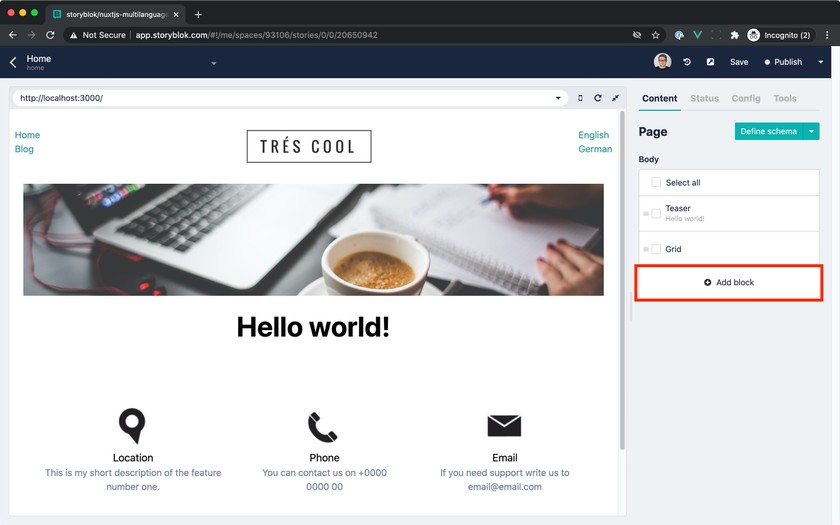Add new blok to homepage.