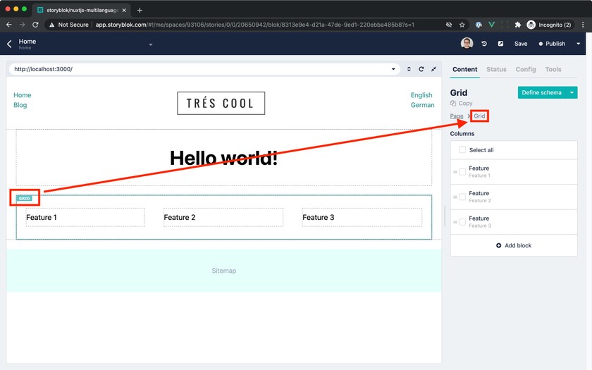Opened sample of the Grid component in the Visual Editor.