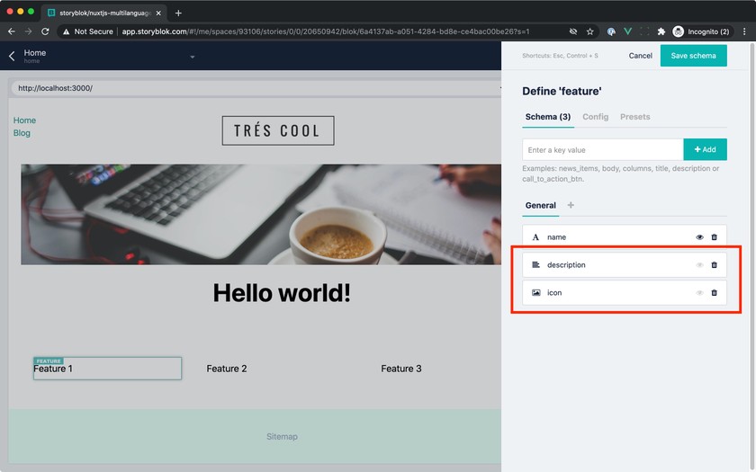 Updated feature blok with description and icon field.