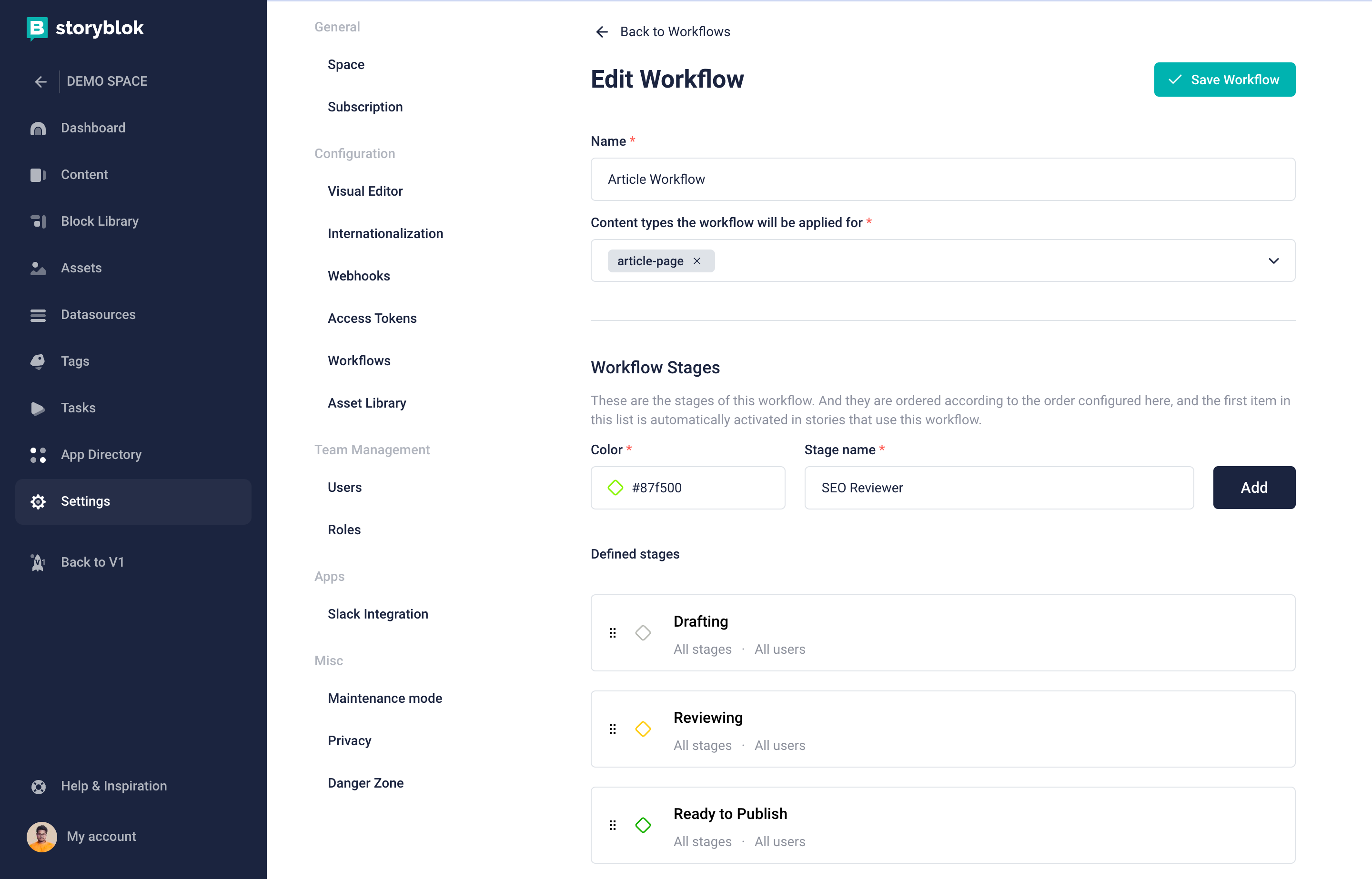A screenshot of how to create a new workflow stage