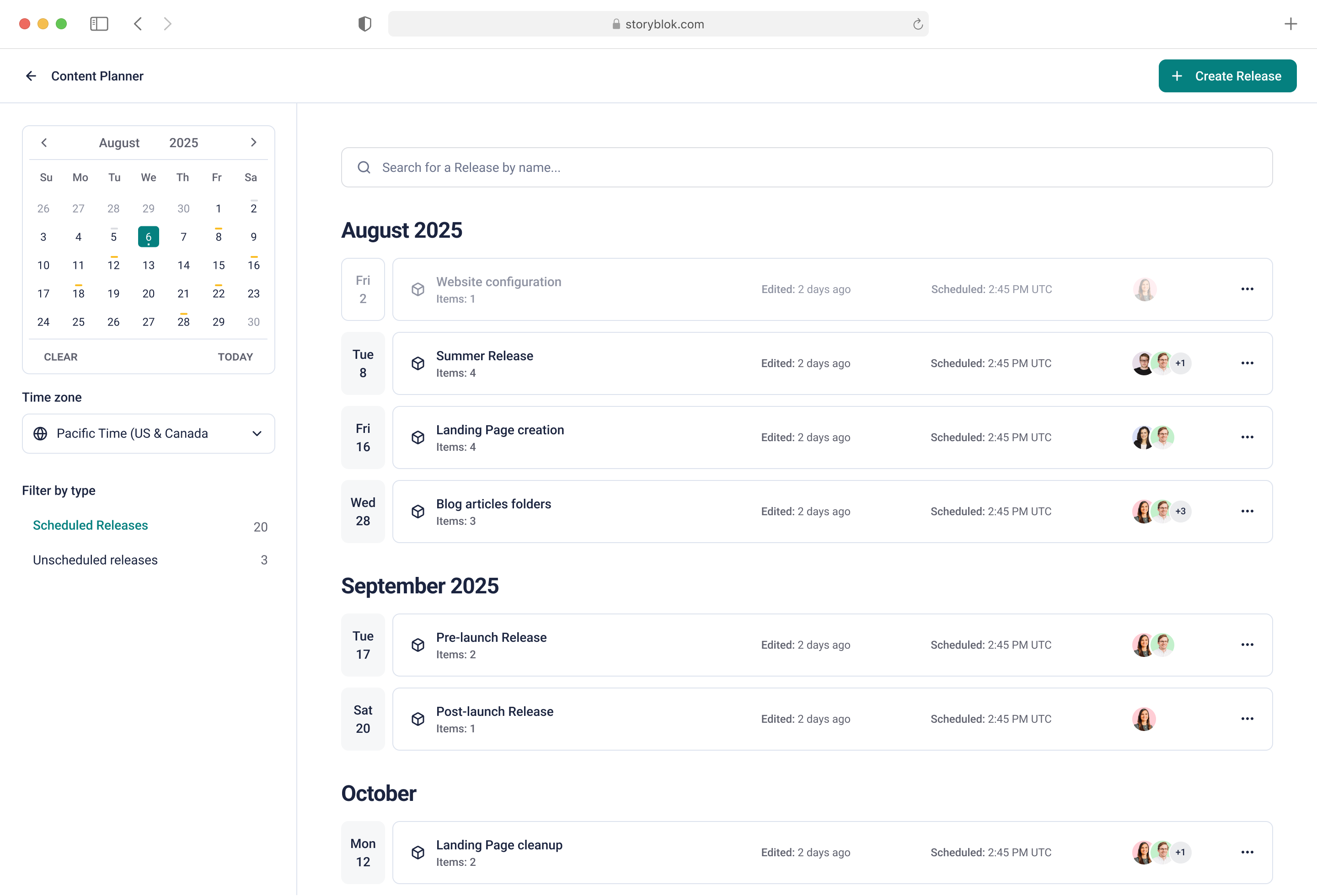 A content planner interface showing a calendar and a list of scheduled releases from August to October 2025, with user avatars and edit details.