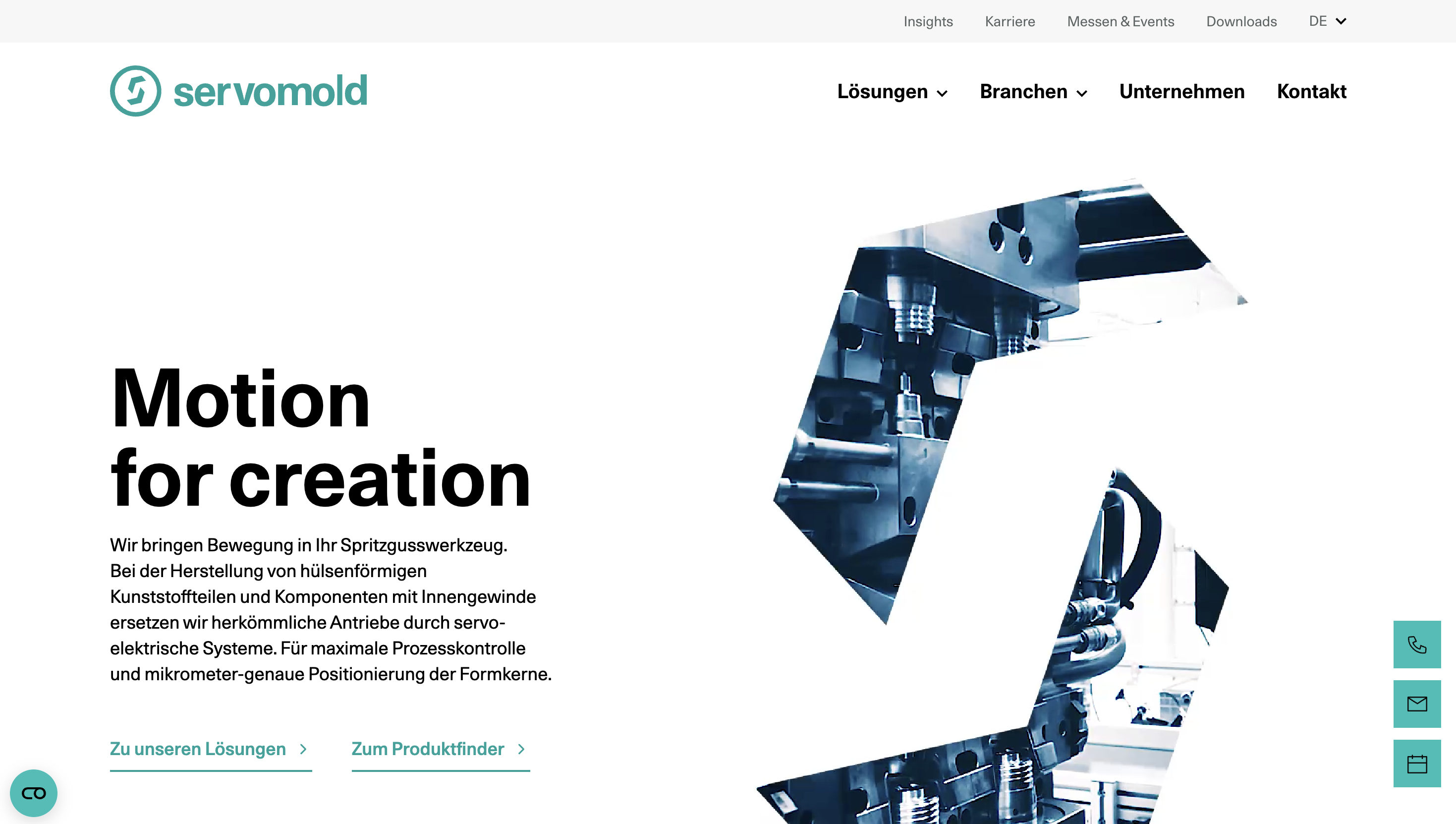 Website homepage for "Servomold" showing text "Motion for creation" with machinery imagery in the background. Links to solutions and product finder.