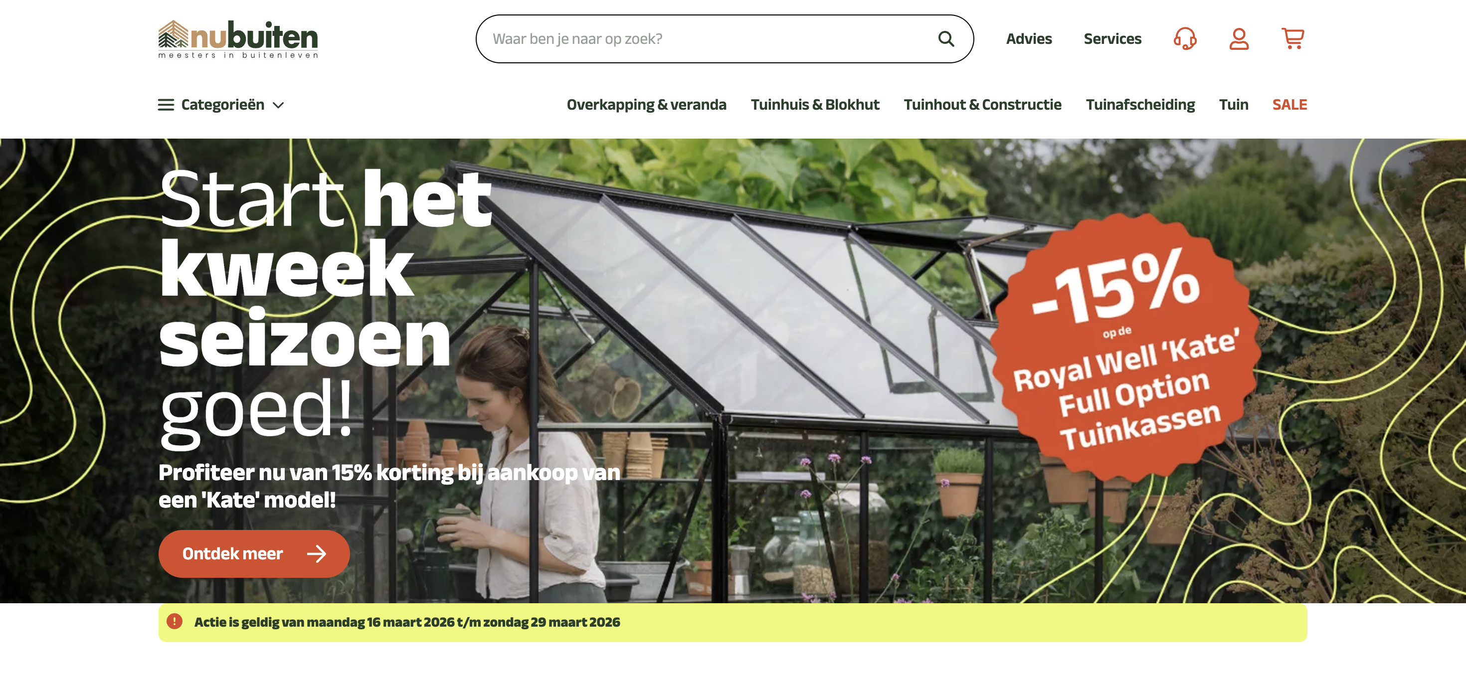 A woman tends to plants inside a glass greenhouse. Text advertises a 15% discount on the 'Kate' model greenhouses at Nubuiten.
