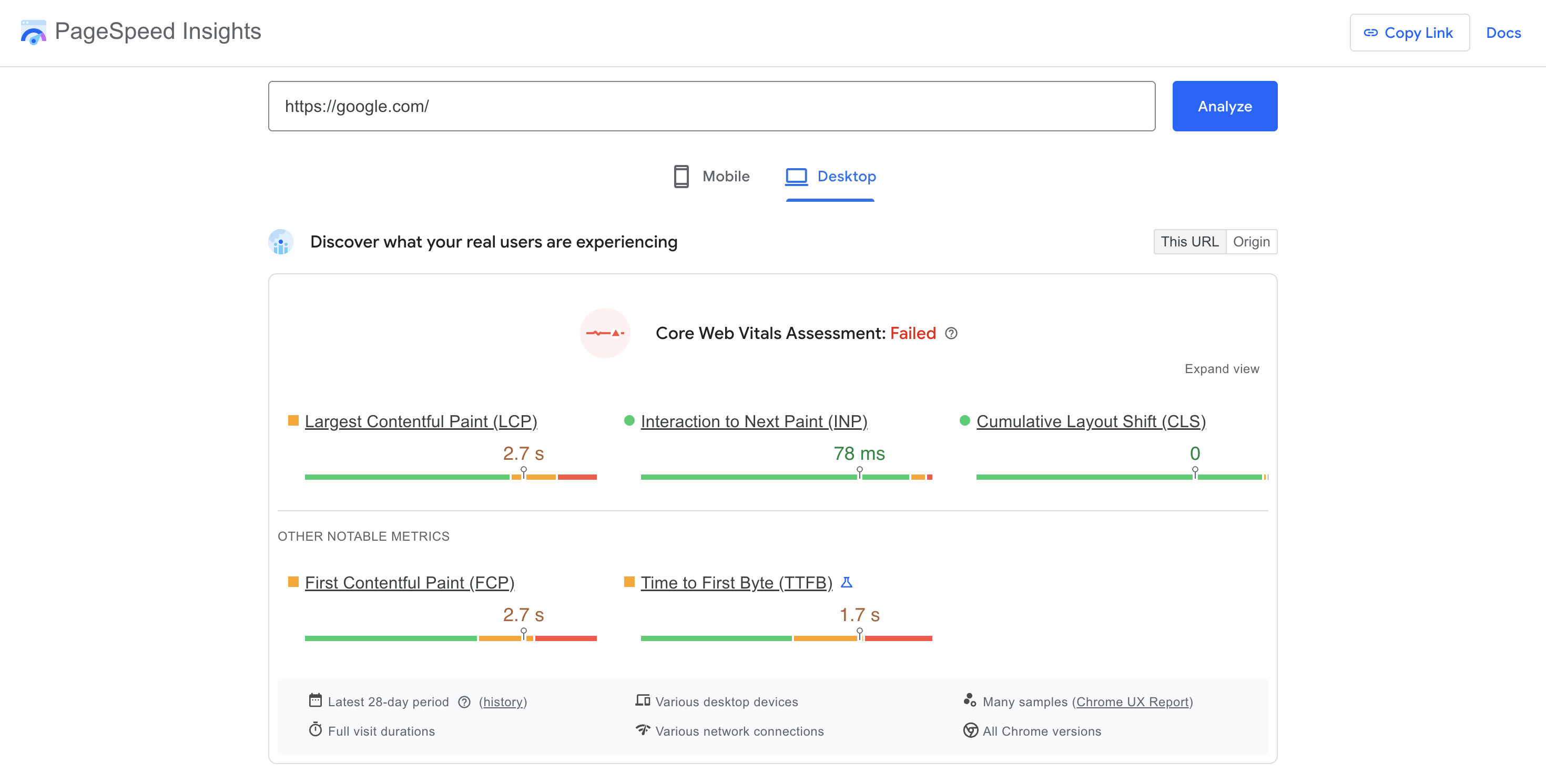 PageSpeed Insights results for google.com on desktop show Core Web Vitals assessment as failed, with performance metrics displayed below.