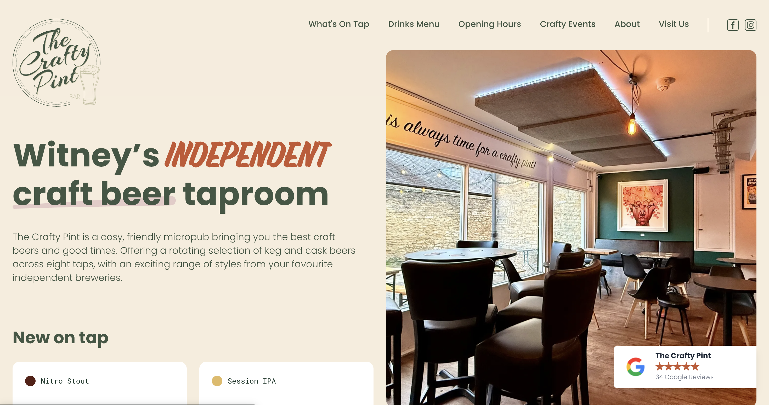 The Crafty Pint's website homepage features a cozy taproom promoting independent craft beers, with seating and wall art.